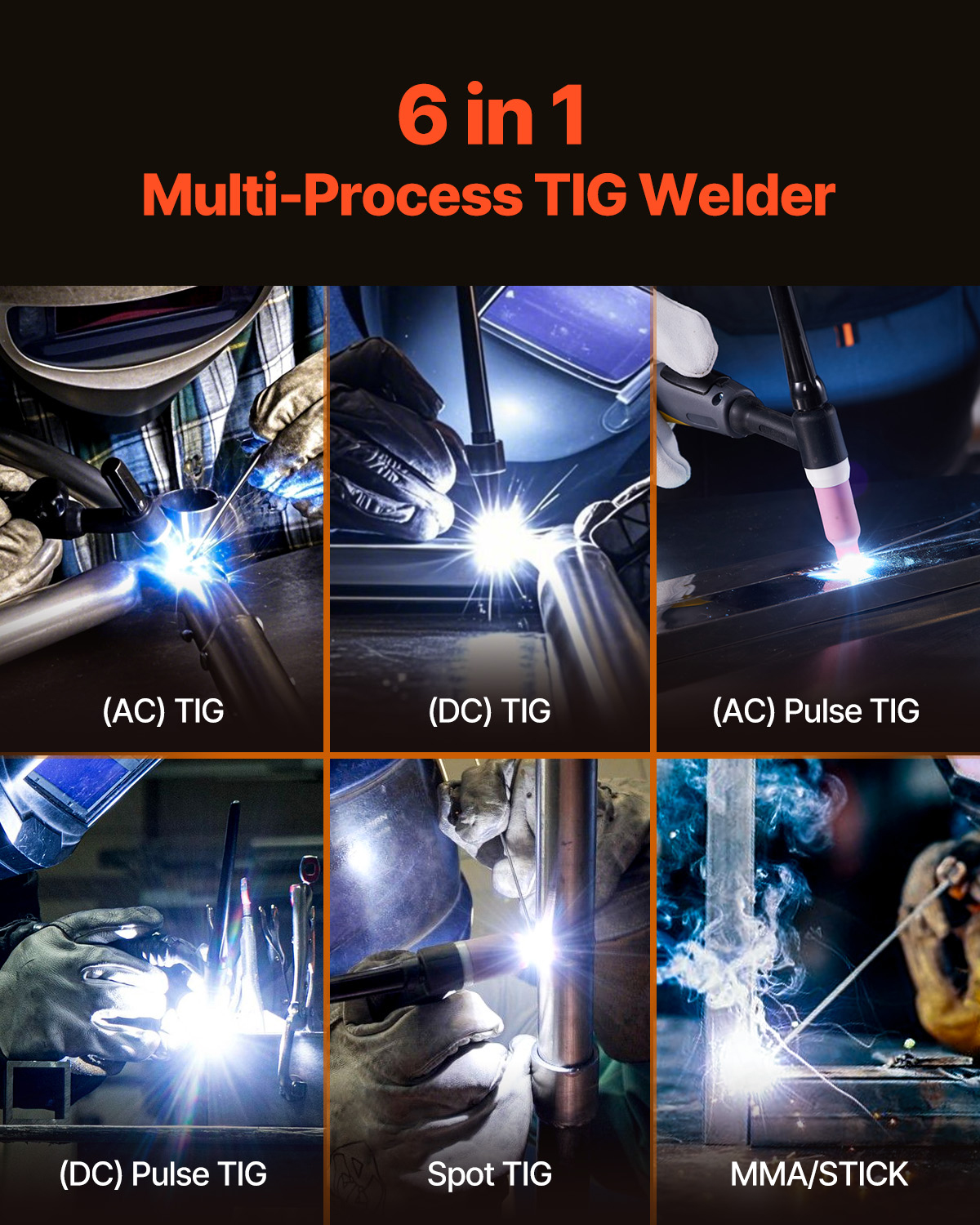 Seis imágenes muestran varias técnicas de soldadura, incluyendo AC TIG, DC TIG y MMA.