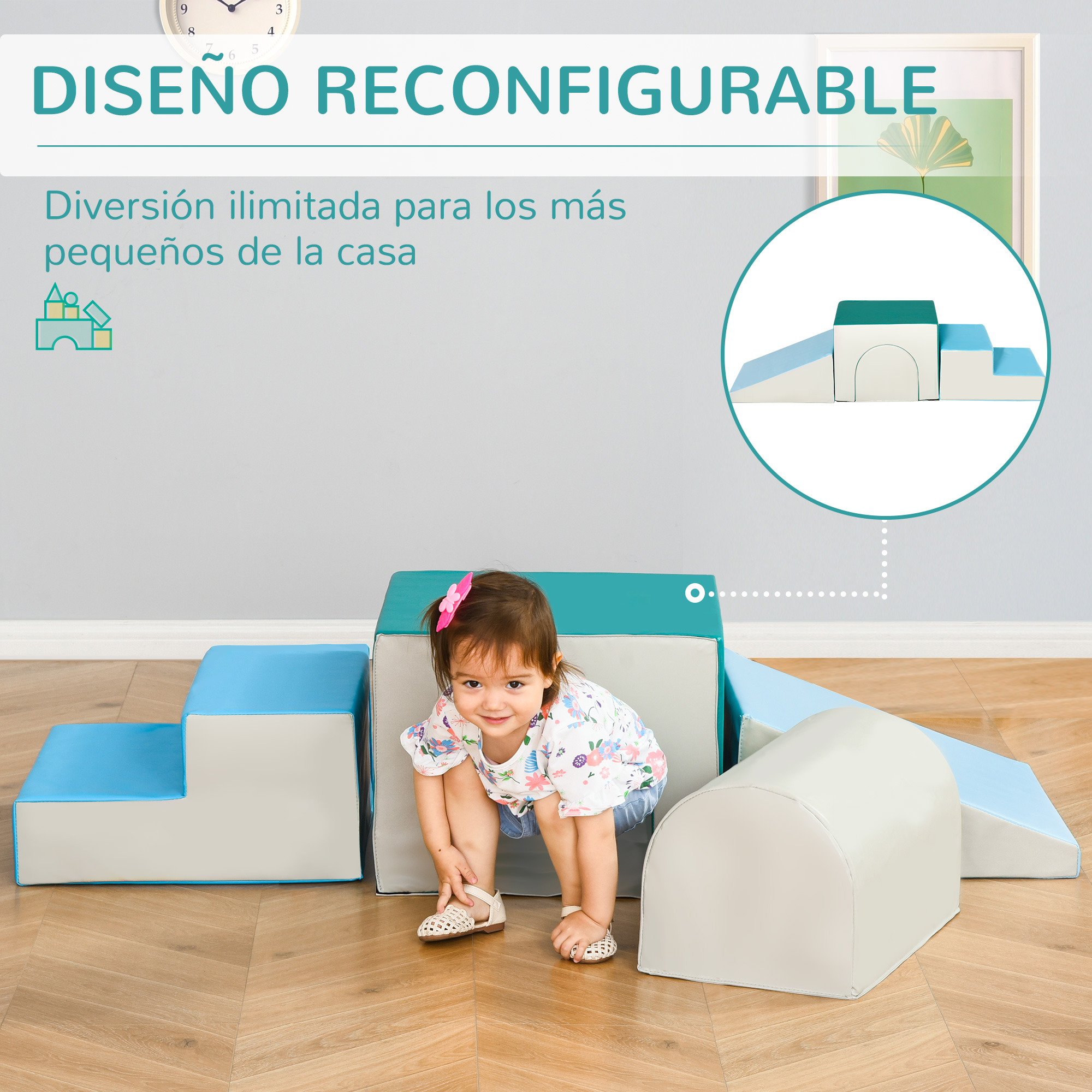 Niña gatea a través de un juego de espuma suave con escaleras y rampa en suelo de madera.