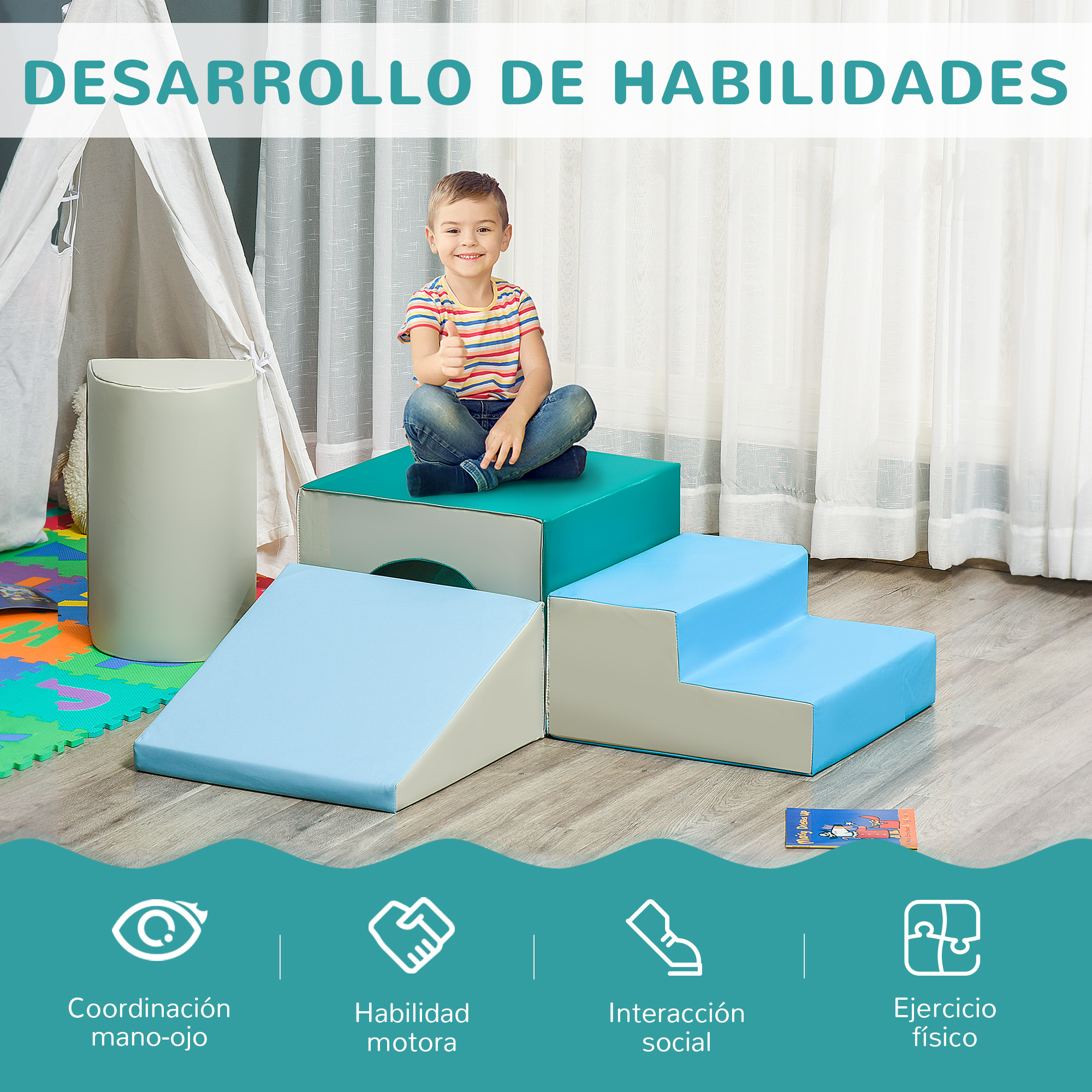 Un niño sentado en bloques de espuma coloridos en una habitación con un tipi.