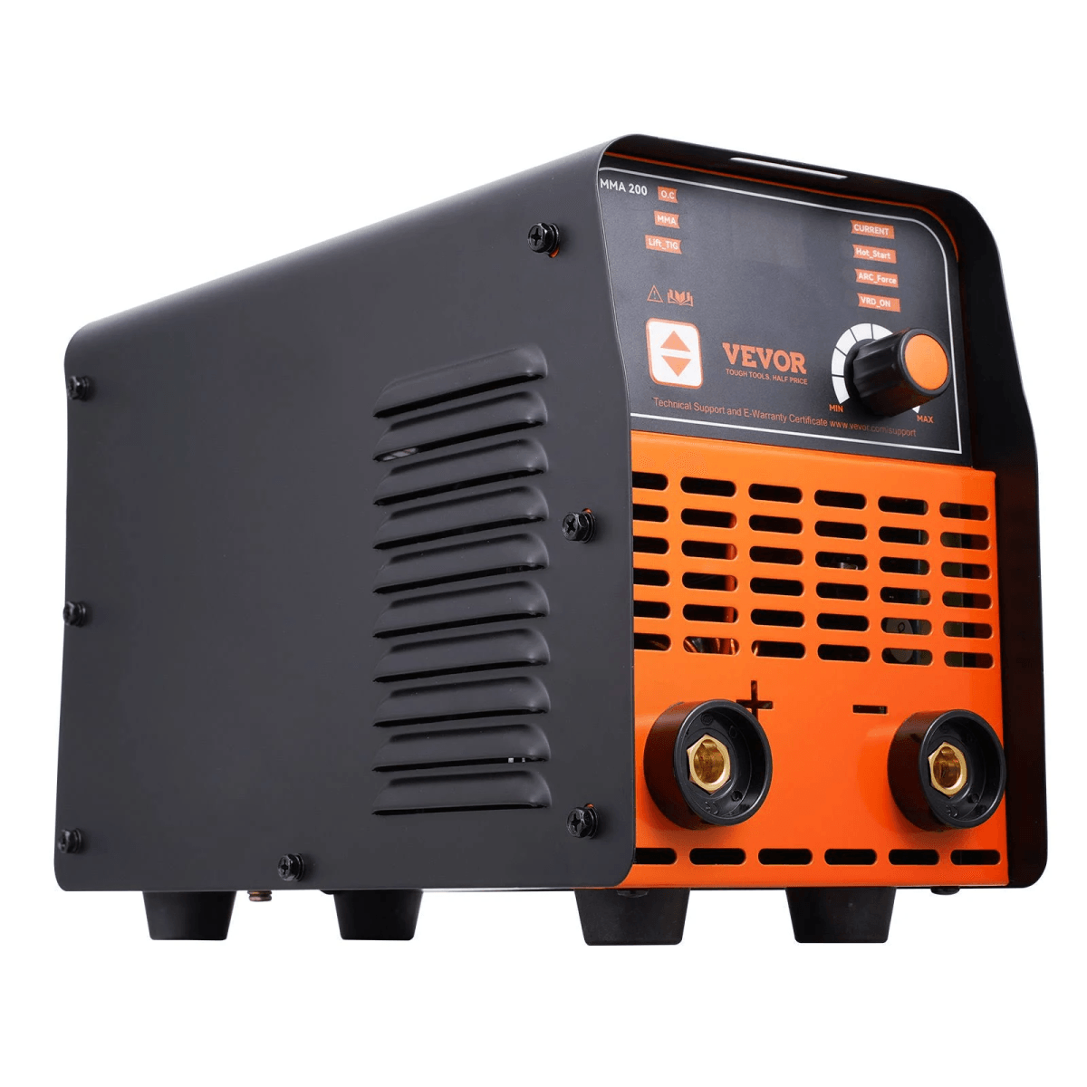 Una máquina de soldar VEVOR MMA 200 negra y naranja con panel de control, diales y dos conectores de cables sobre fondo blanco.