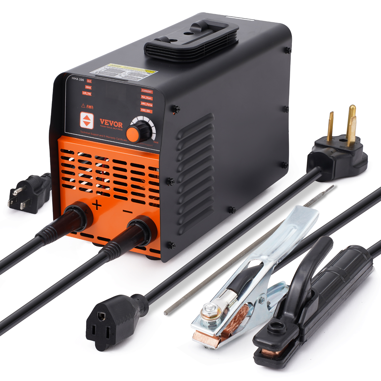 Una máquina de soldar VEVOR negra y naranja con cables, enchufes y accesorios sobre un fondo blanco.