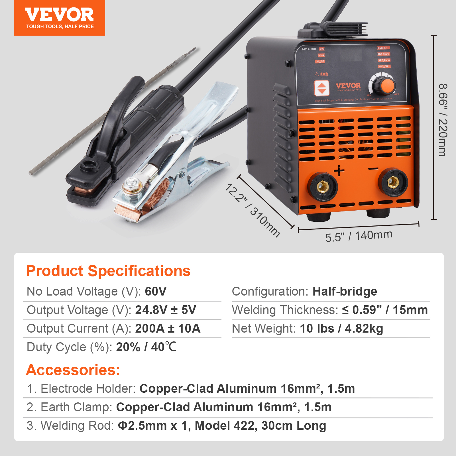 Máquina de soldar Vevor con portaelectrodos, pinza de masa, varilla de soldadura y especificaciones.