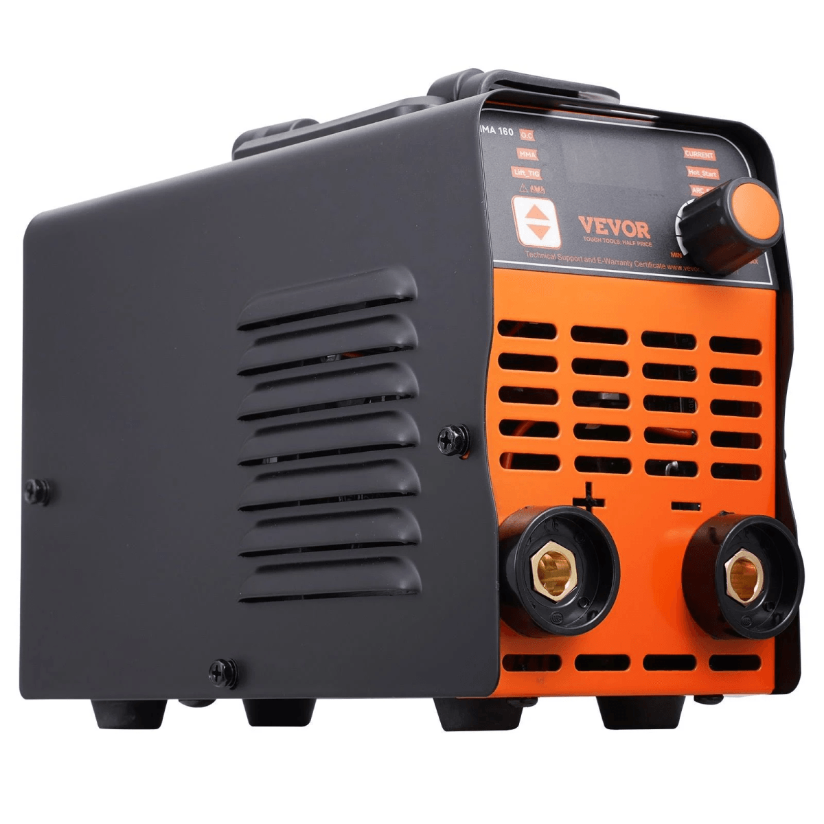 Una máquina de soldar Vevor portátil negra y naranja con terminales y un botón de control en su panel frontal.