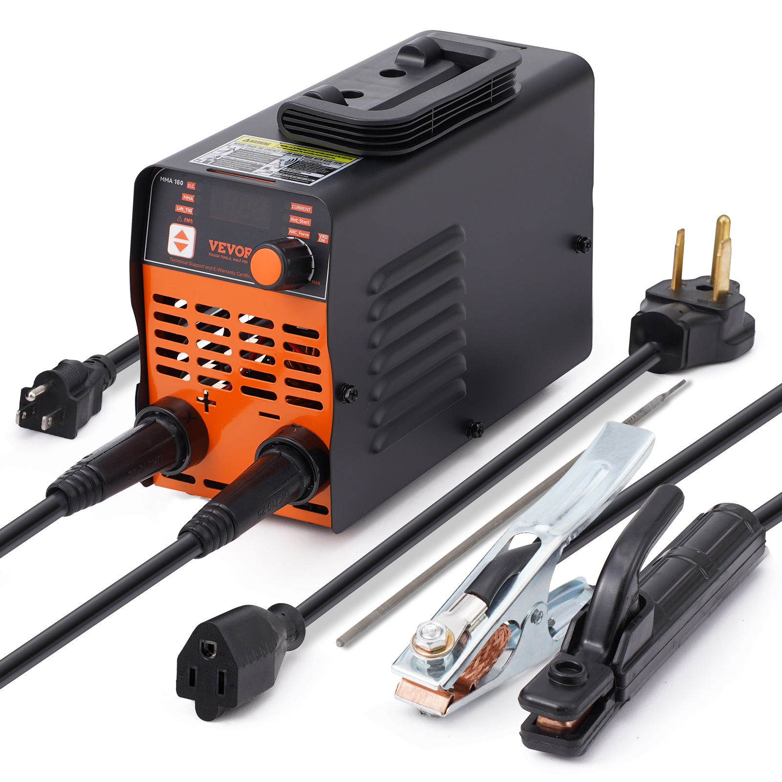 Una máquina de soldar portátil MMA 160 negra y naranja con cables, pinzas y un enchufe sobre fondo blanco.