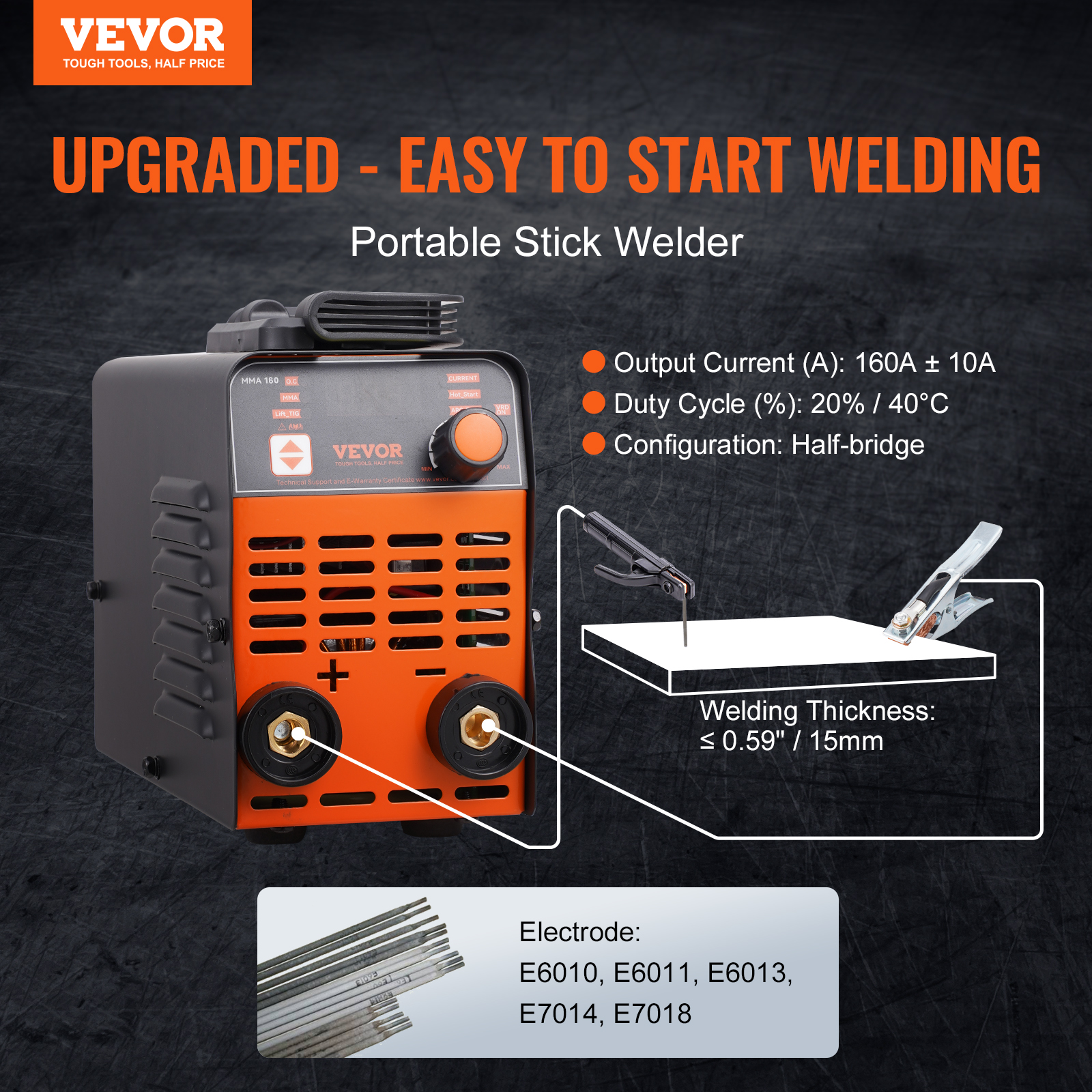 Soldador portátil VEVOR MMA 160 con especificaciones y electrodos.
