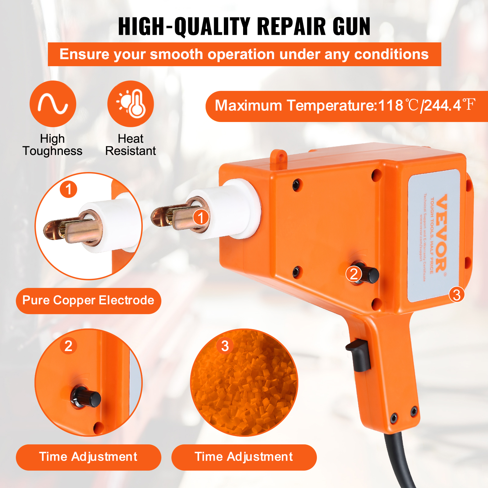 Pistola de reparación VEVOR naranja con electrodo de cobre puro, controles de tiempo y resistencia al calor.