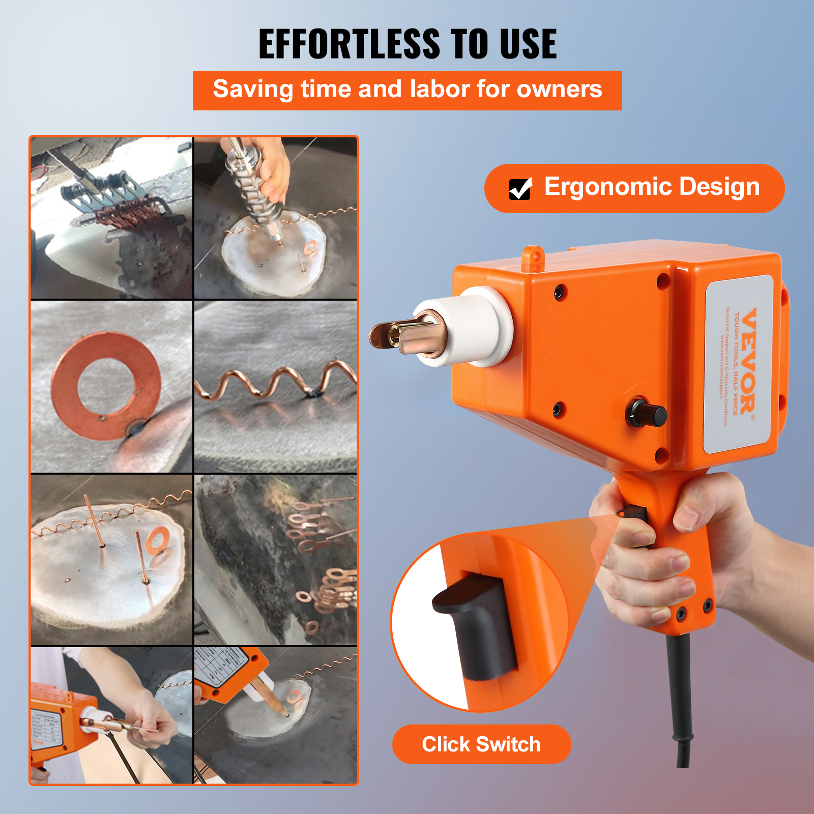 Se muestra una herramienta de soldadura Vevor naranja con diseño ergonómico y un interruptor.