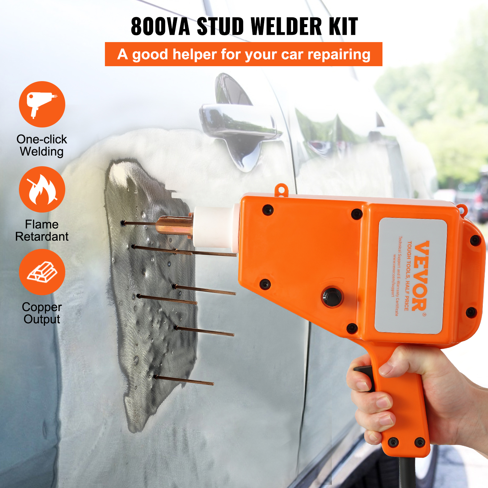 Un kit de soldador de pernos naranja usado para reparar la abolladura de un auto.