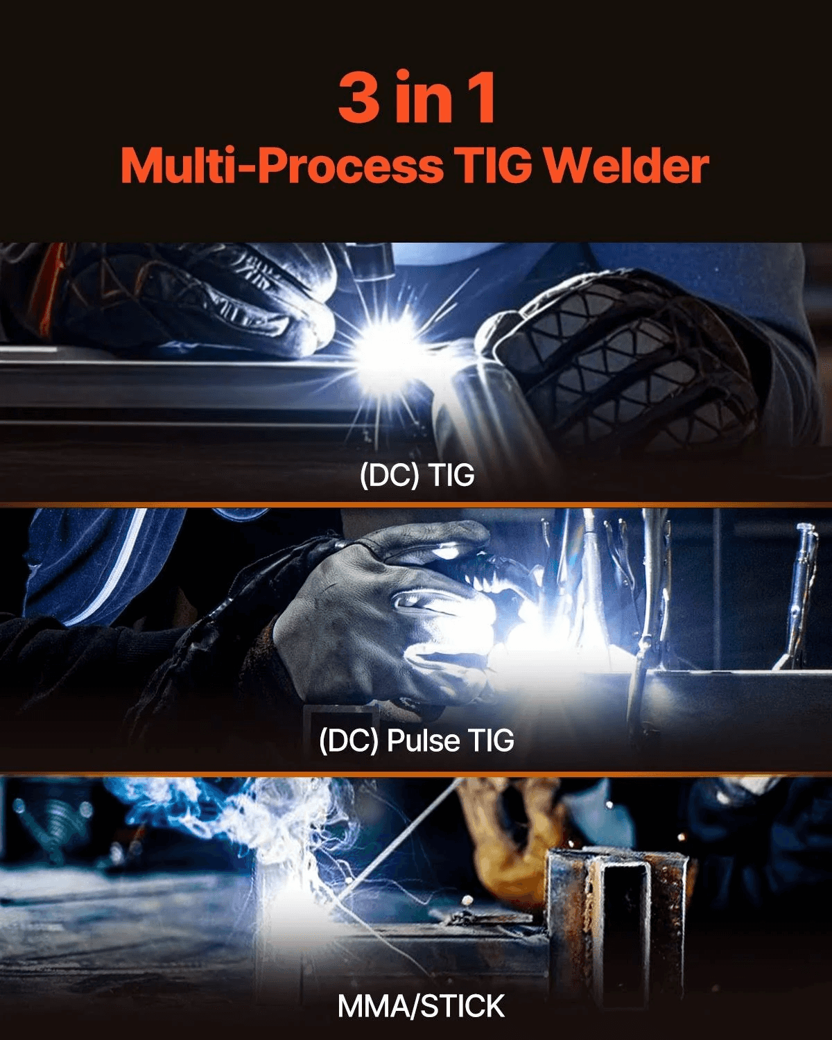 Tres paneles muestran un soldador TIG multiproceso 3 en 1 realizando TIG de CC, TIG de pulso de CC y MMA/STICK.
