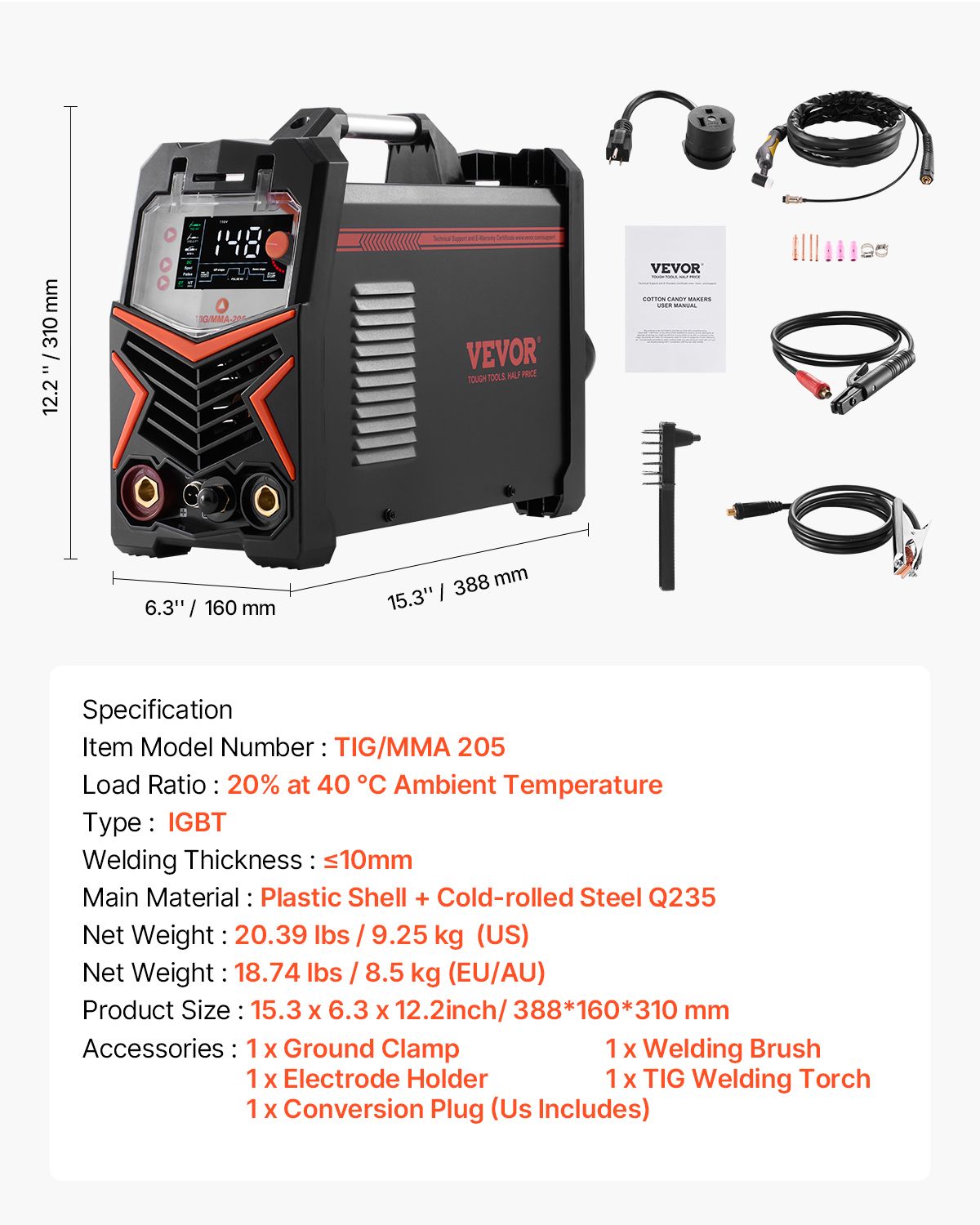 Máquina de soldar VEVOR TIG/MMA-205 con accesorios y especificaciones.