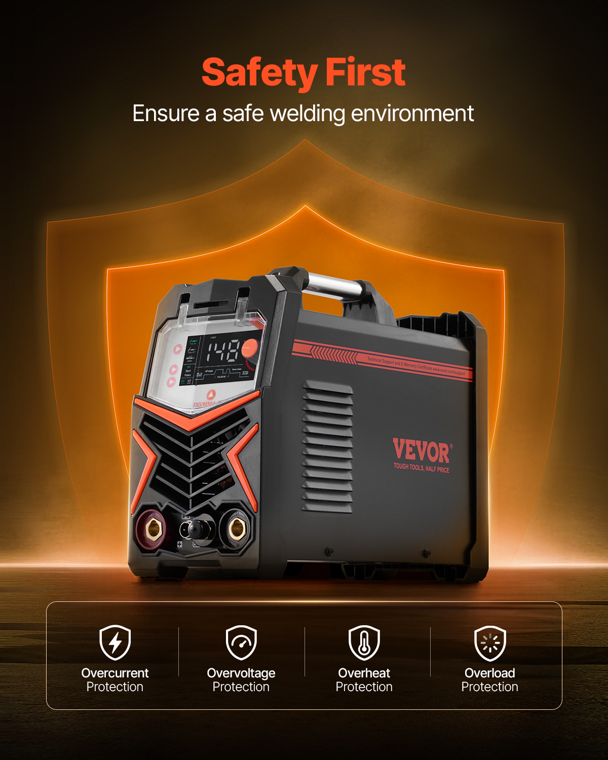 Máquina de soldar Vevor ante un escudo naranja, con iconos de protección contra sobrecorriente, sobretensión, sobrecalentamiento y sobrecarga.