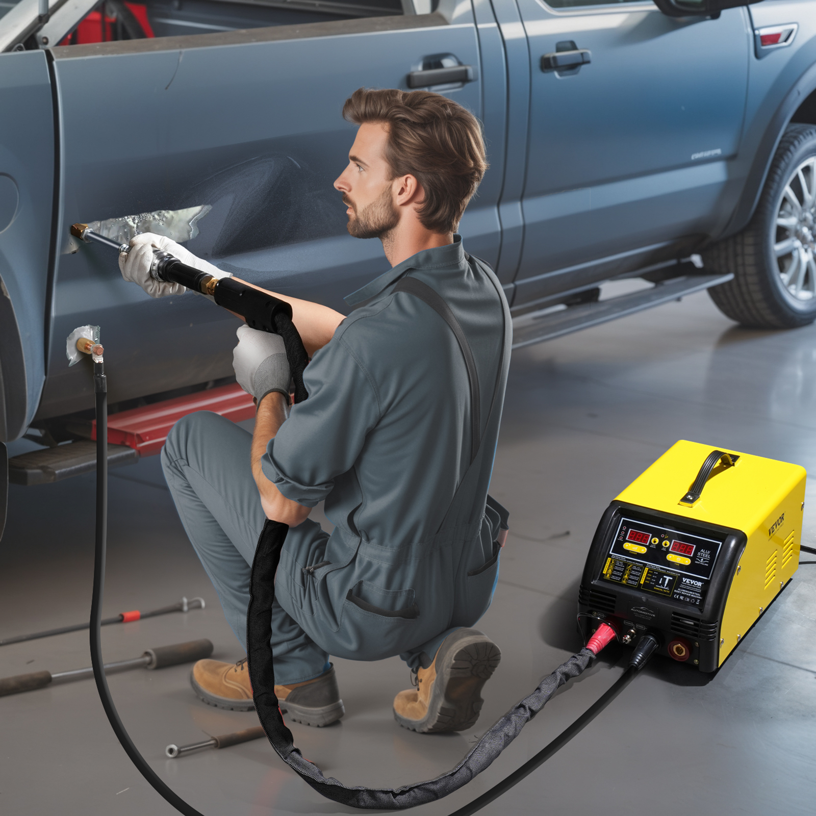 Mecánico con ropa de trabajo gris utiliza una soldadora por puntos en una puerta de coche gris.