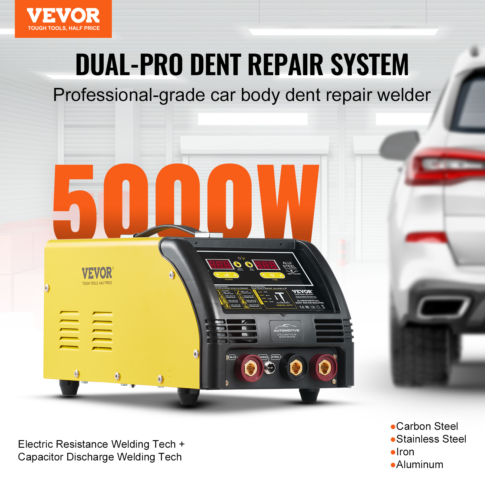 Un soldador reparador de abolladuras Vevor de 5000W amarillo y negro en un taller, con un auto blanco de fondo.