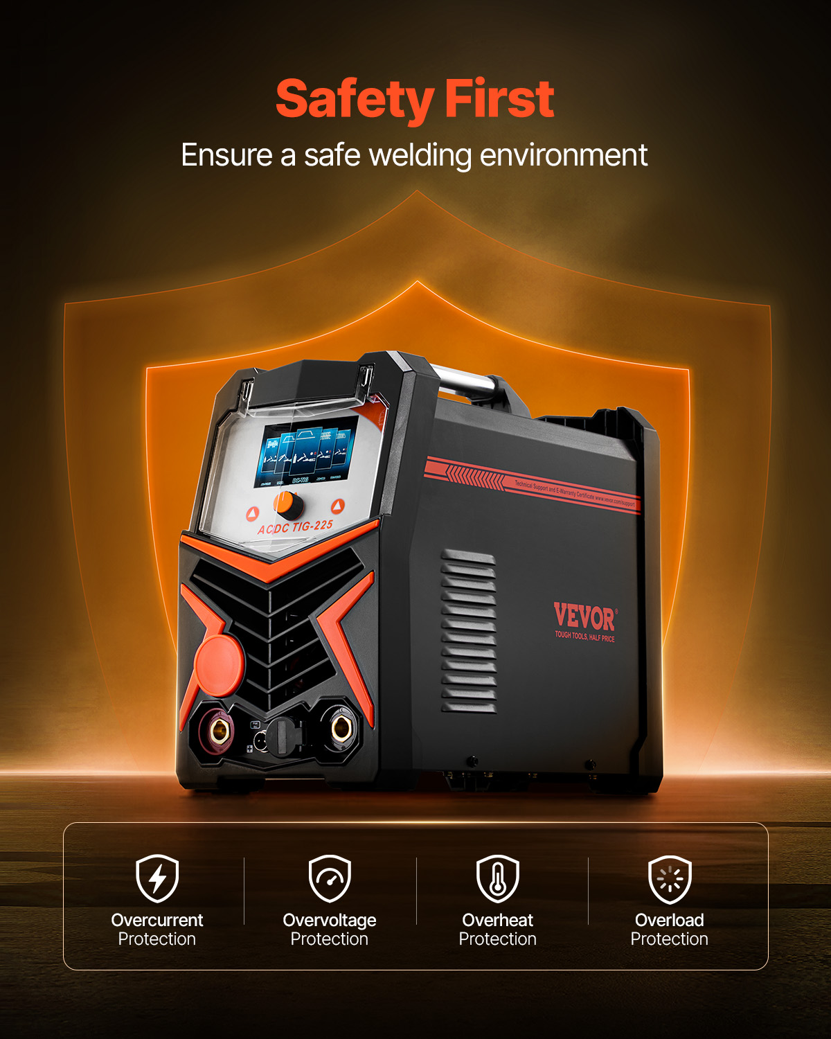 Máquina de soldar negra y naranja con funciones de protección frente a un escudo brillante.