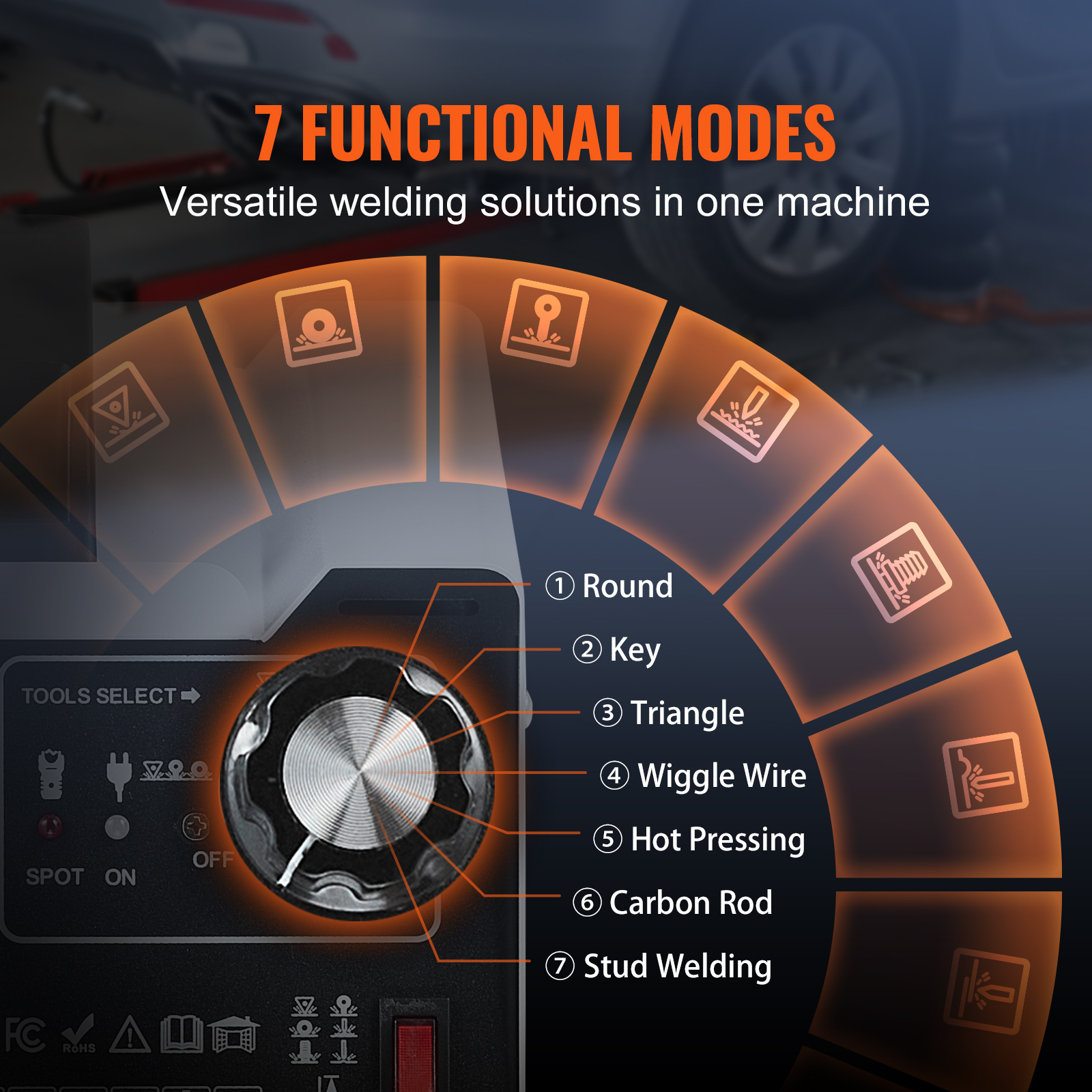 Panel de control de máquina de soldar con un selector circular para siete modos funcionales.