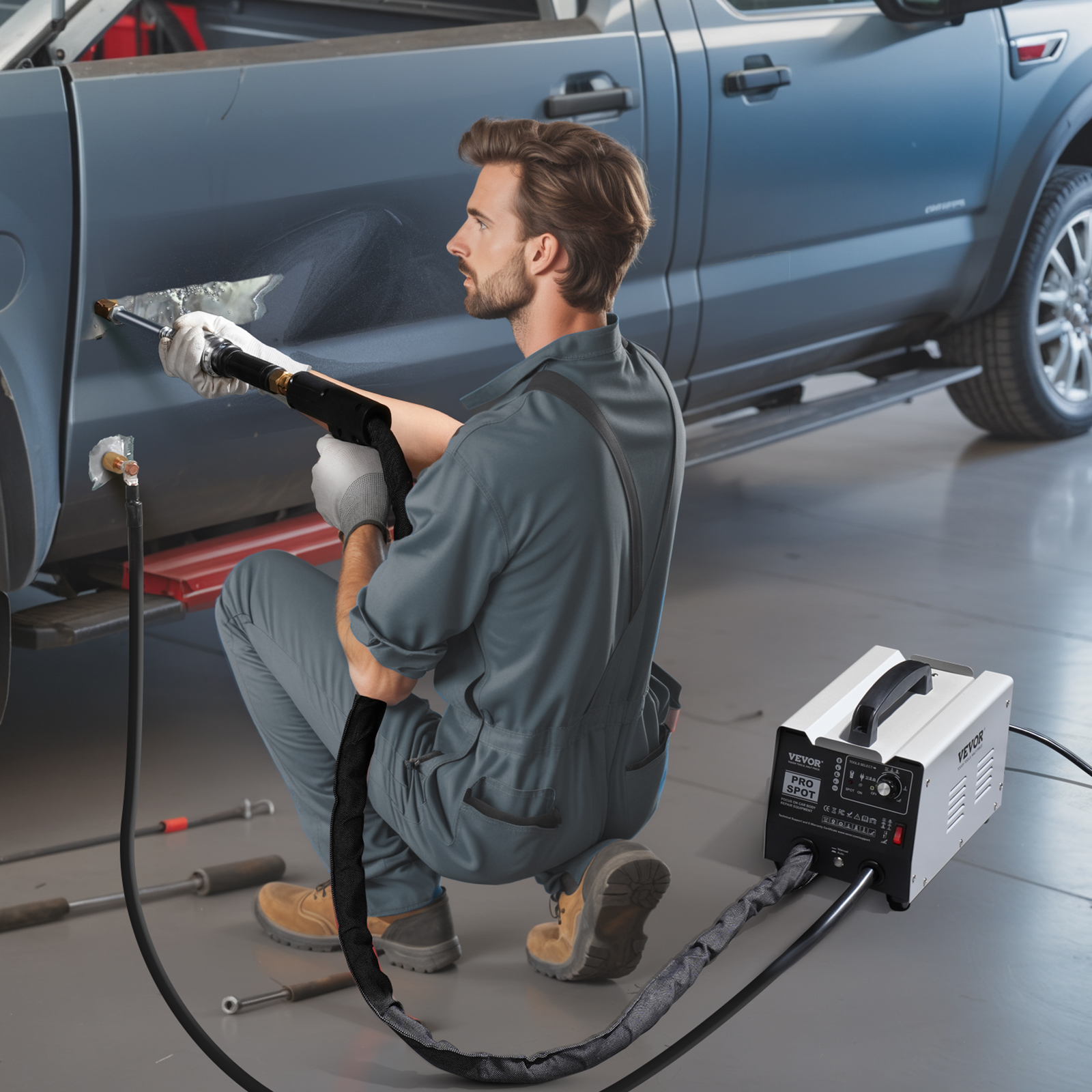 Un mecánico usa una soldadora por puntos para reparar la carrocería de un coche en un taller.