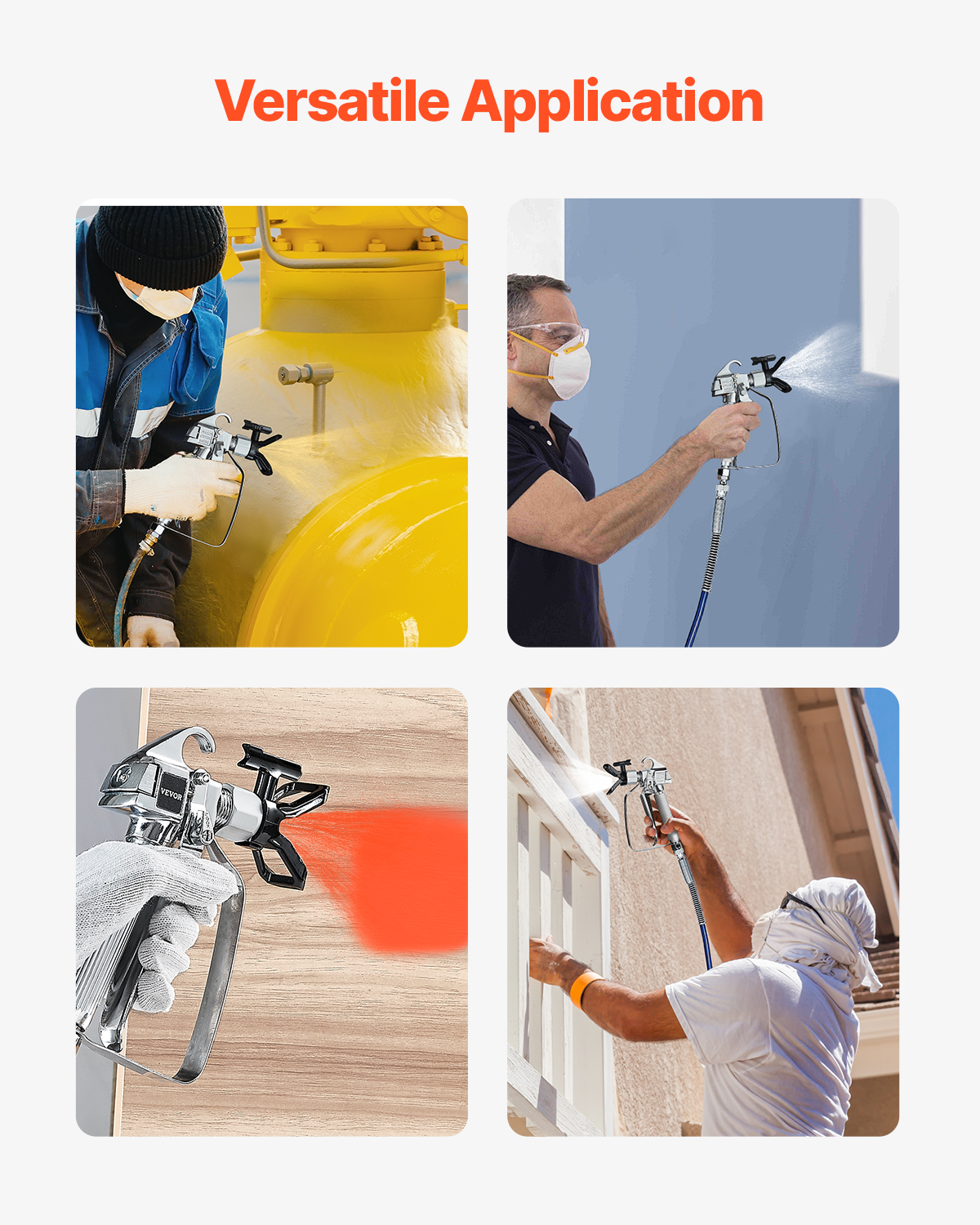 Cuatro imágenes que muestran a trabajadores con equipo de protección usando pulverizadores de pintura en superficies.