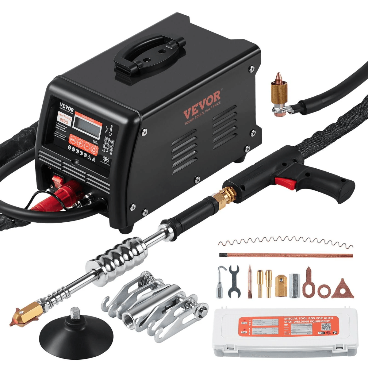 Máquina de soldadura por puntos para abolladuras Vevor negra con pistola, cables, herramientas y accesorios en una caja.