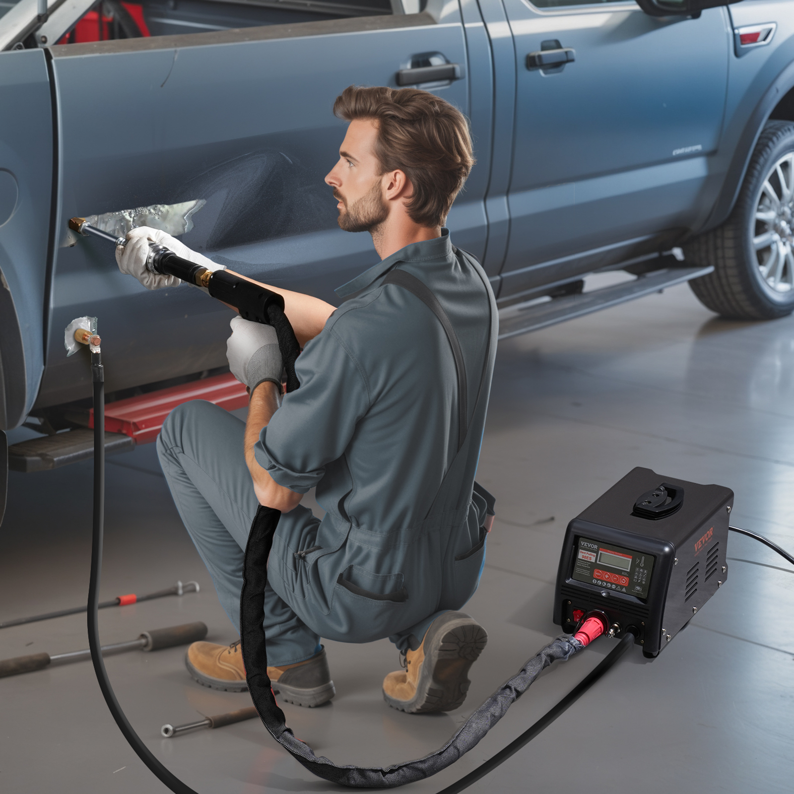 Un mecánico con overol gris usa una máquina de soldadura por puntos para reparar una puerta.