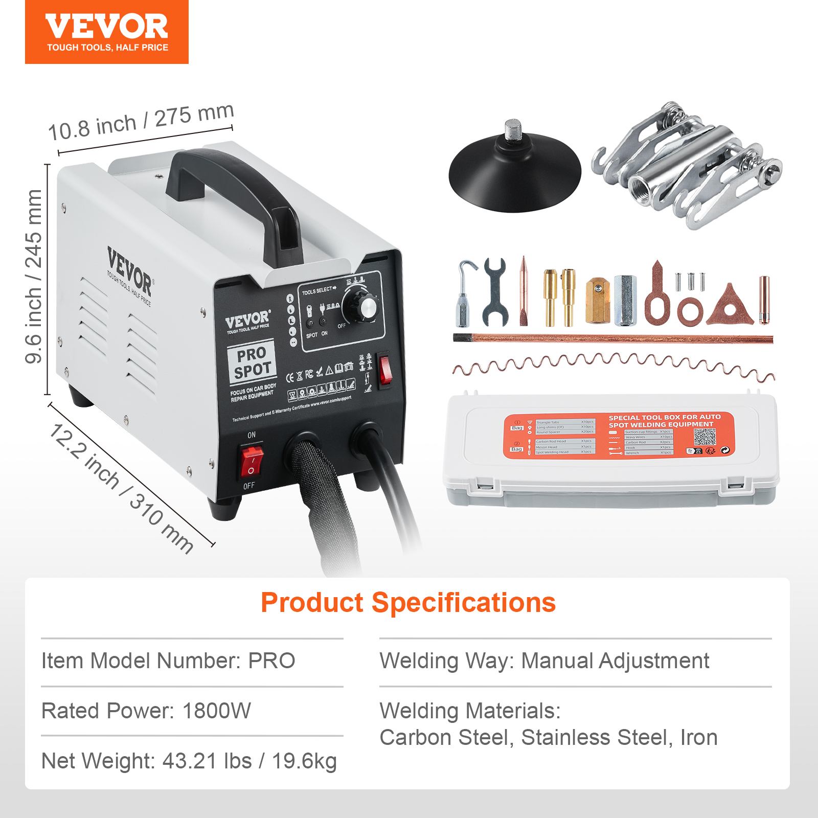 Máquina sacabollos Vevor Pro Spot con accesorios y especificaciones.
