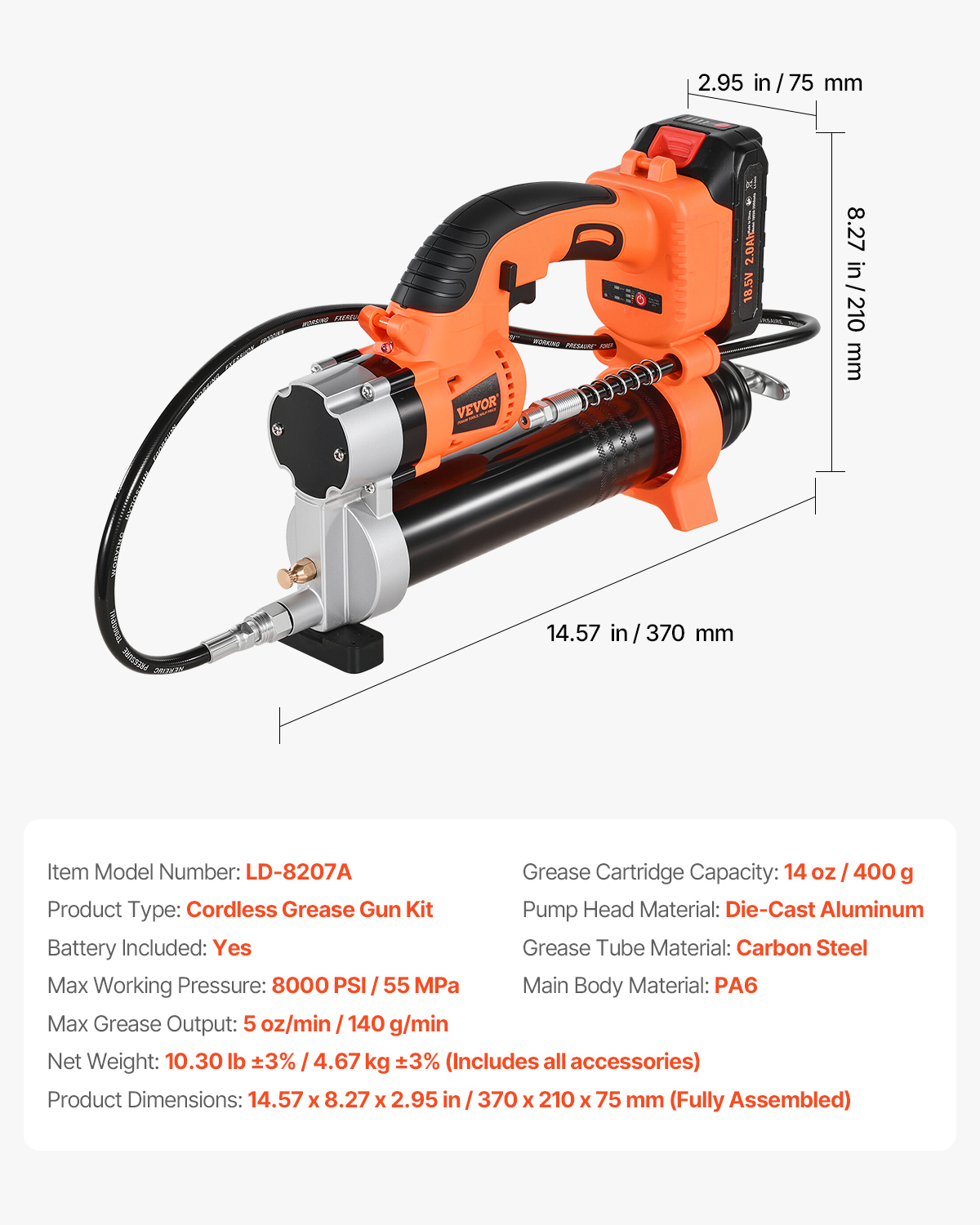 Pistola de grasa inalámbrica naranja con dimensiones y especificaciones.