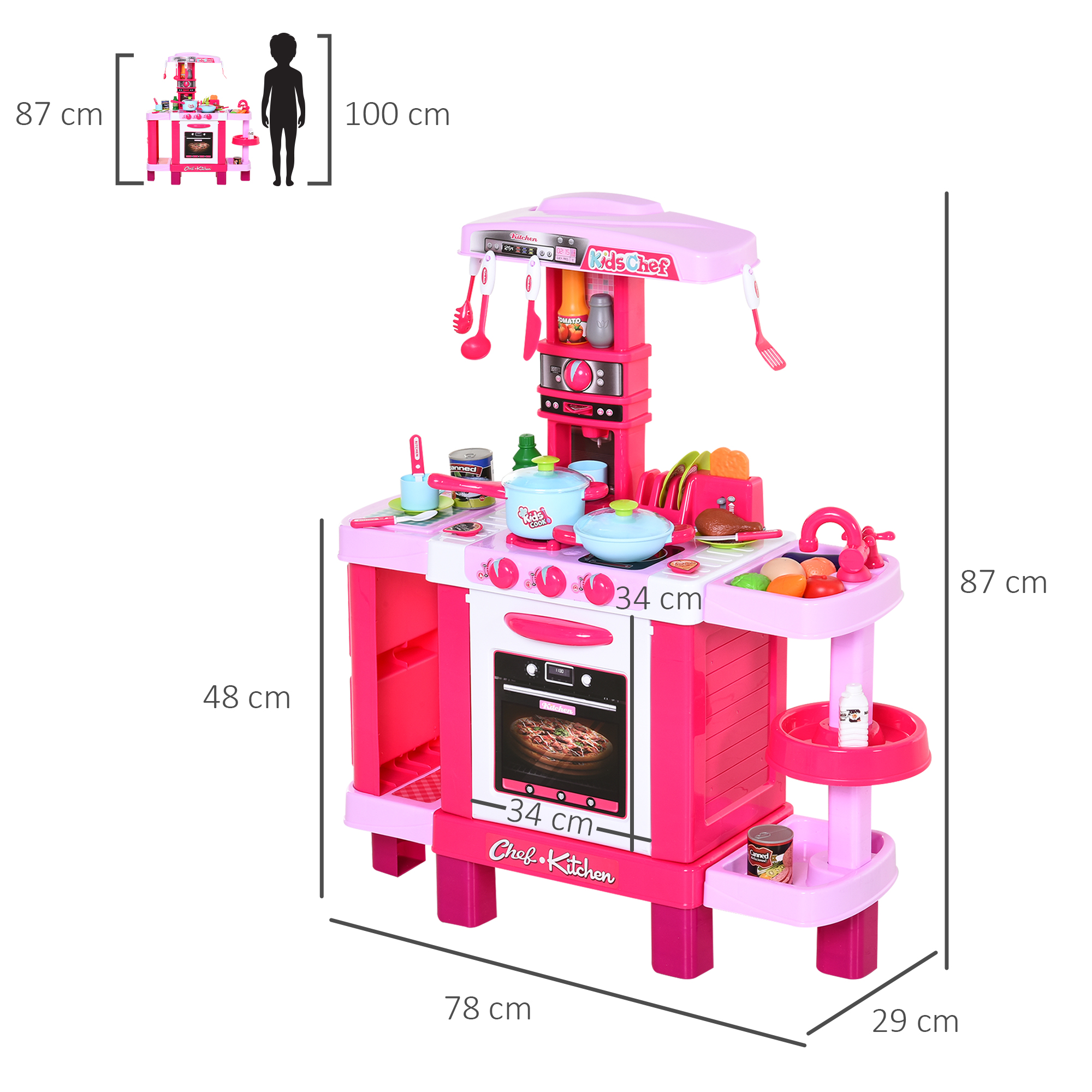 Una cocinita de juguete rosa con utensilios, sartenes y pizza en el horno, con medidas.