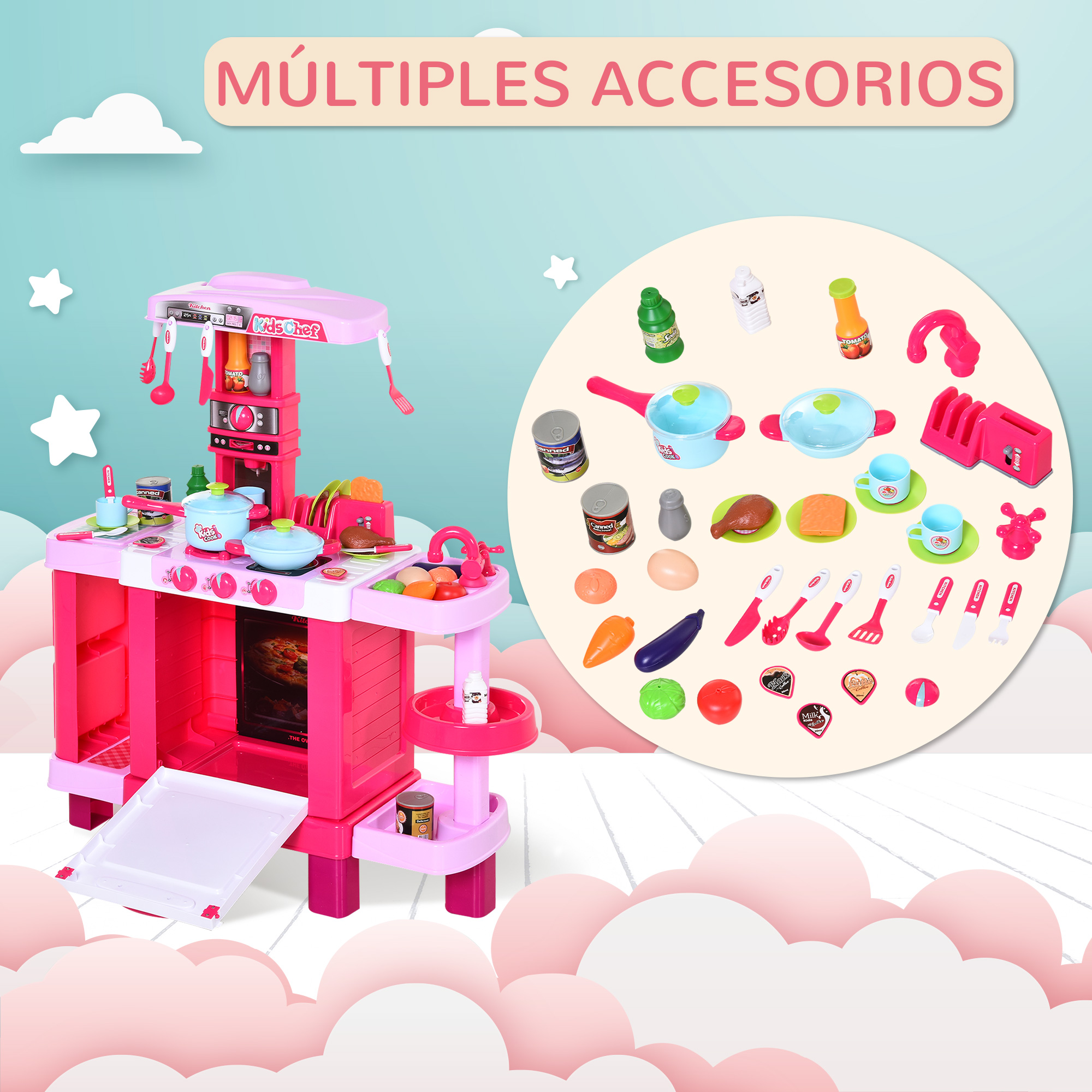 Un juego de cocina de juguete rosa con utensilios y accesorios de comida sobre fondo de nubes.