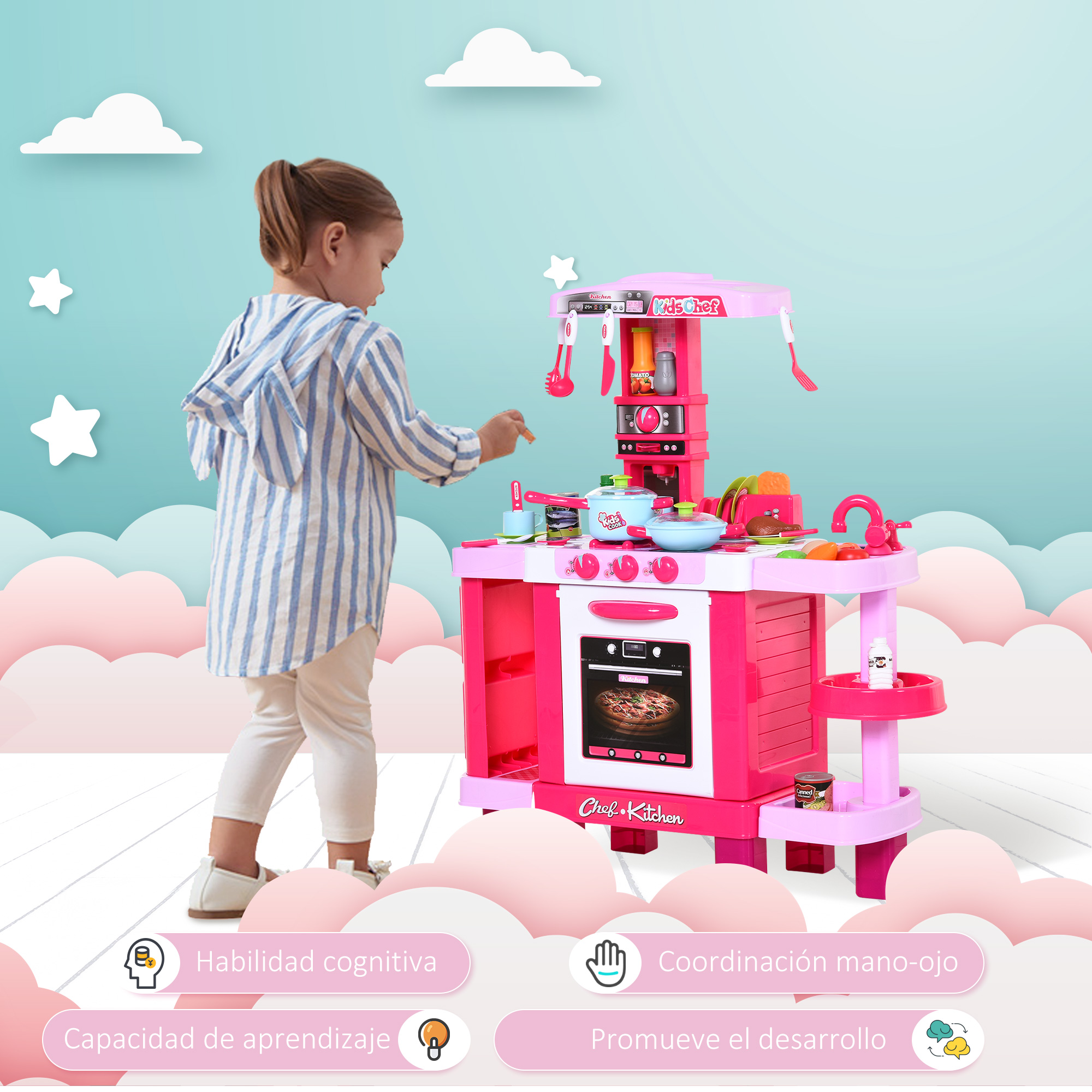 Una niña jugando con una cocina de juguete rosa sobre un fondo de nubes de fantasía.
