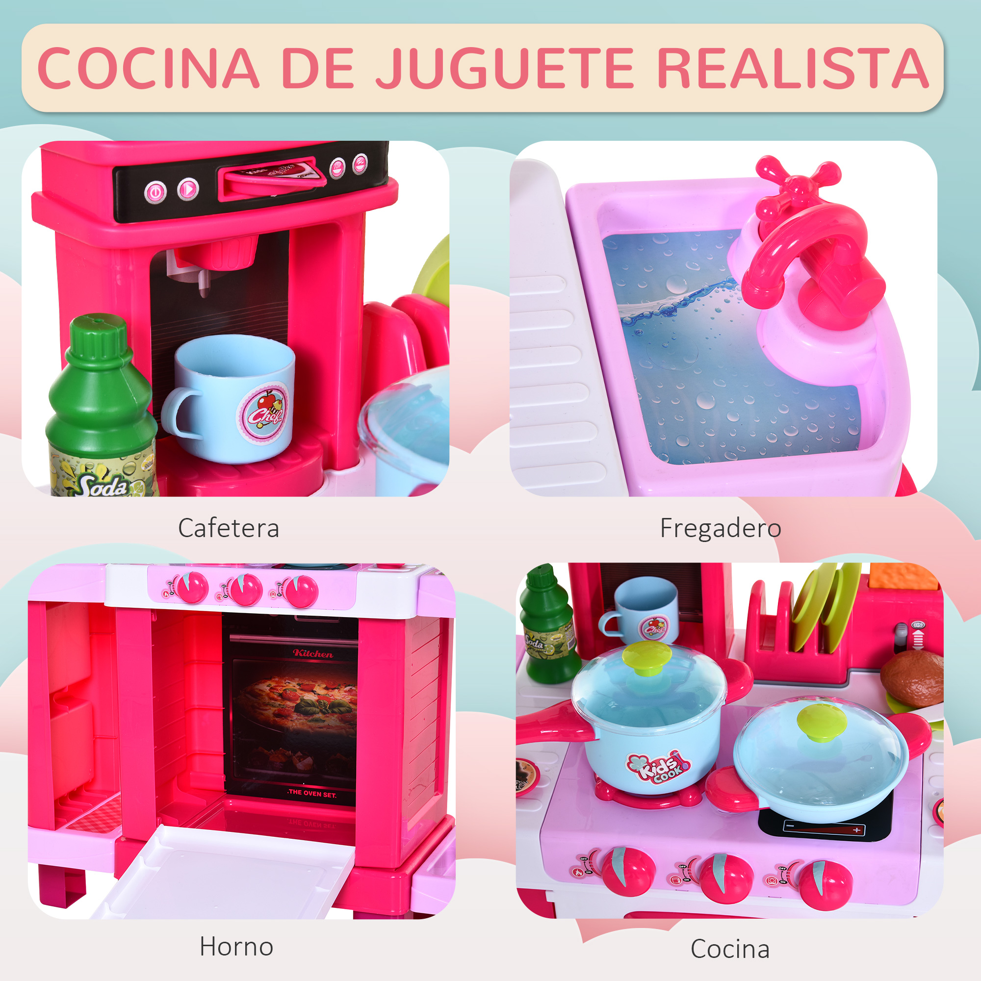 Un juego de cocina de juguete rosa para niños con cafetera, fregadero, horno y estufa.