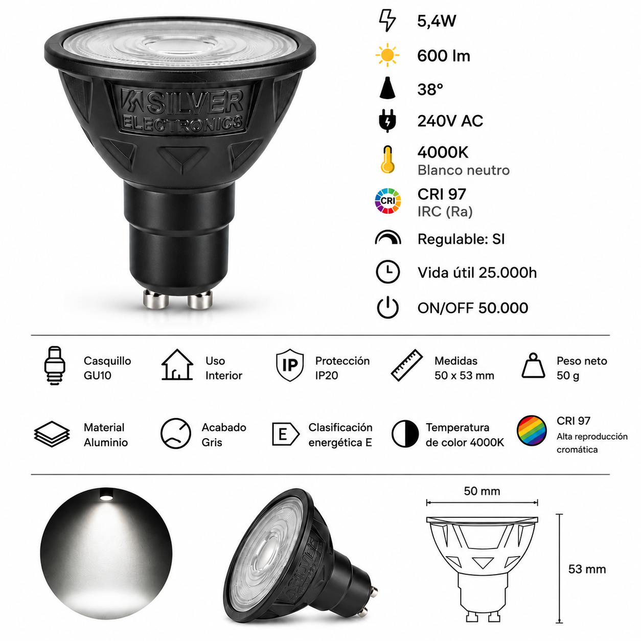 Especificaciones técnicas y dimensiones de una bombilla LED GU10 negra de Silver Electronics.