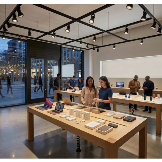Tienda de tecnología luminosa y moderna con clientes mirando portátiles y teléfonos en mesas de madera.