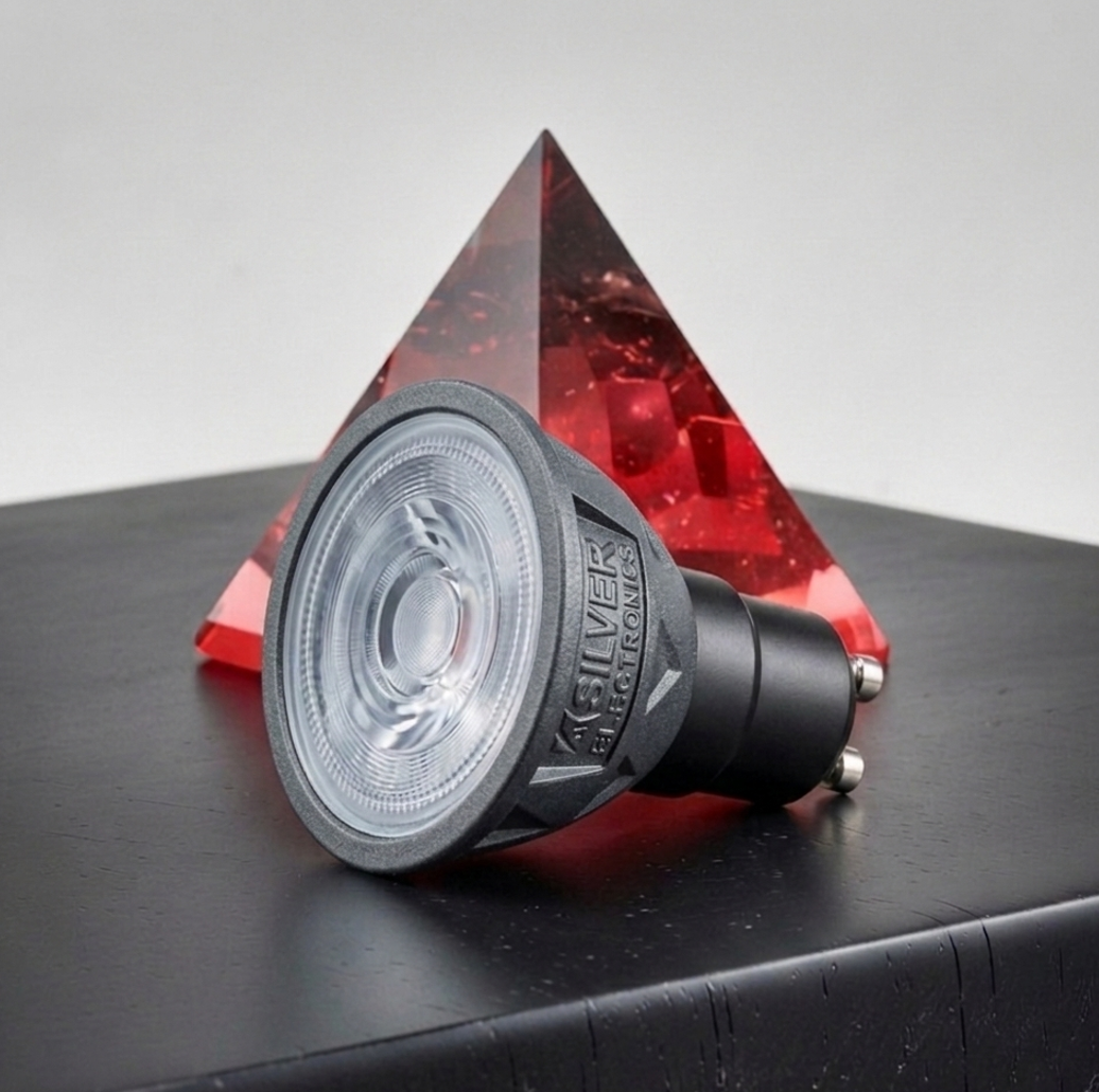 Una bombilla LED negra descansa sobre una superficie oscura frente a una pirámide de cristal roja.