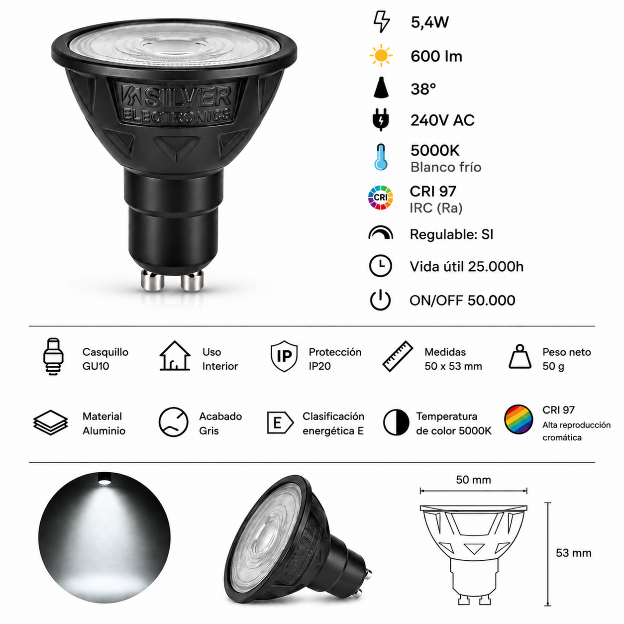 Bombilla LED GU10 negra mostrada con especificaciones técnicas e iconos.