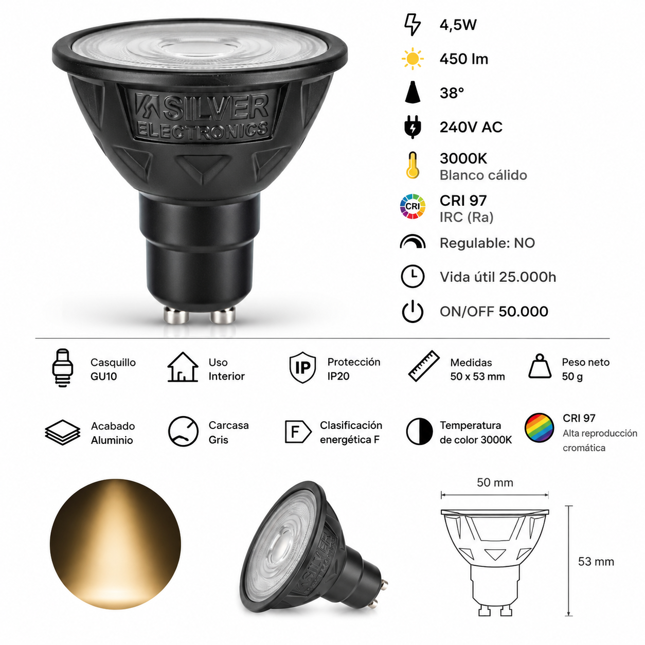Bombilla LED GU10 negra de Silver Electronics con especificaciones técnicas y luz cálida.