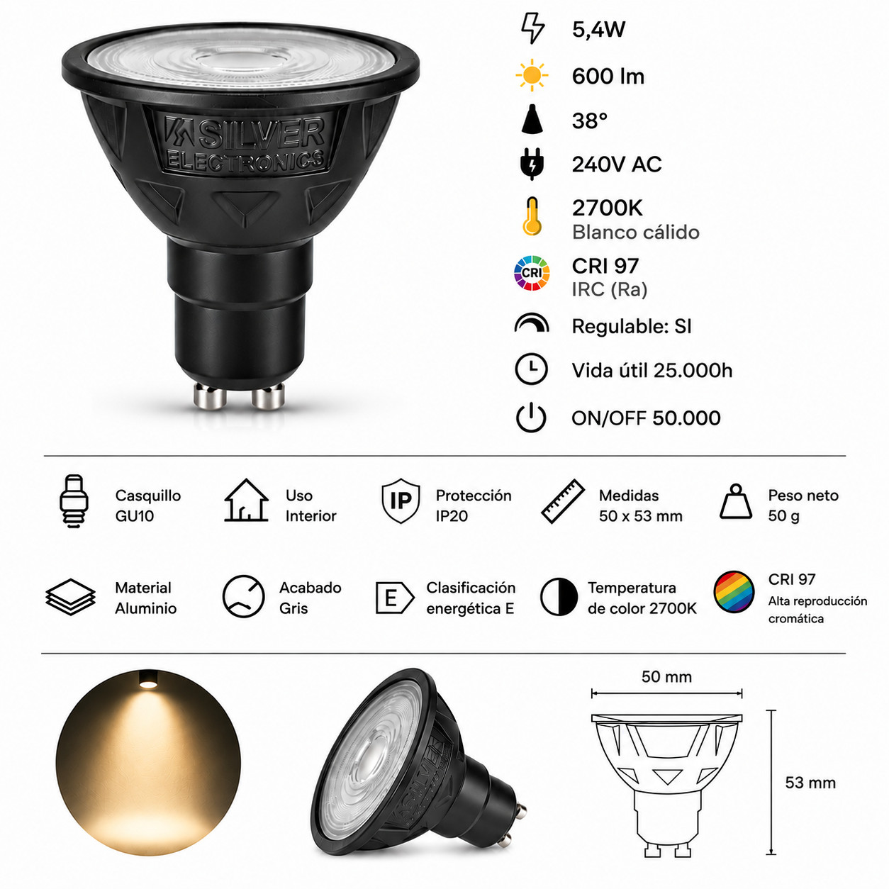 Una bombilla LED GU10 negra con especificaciones técnicas, dimensiones y luz cálida.