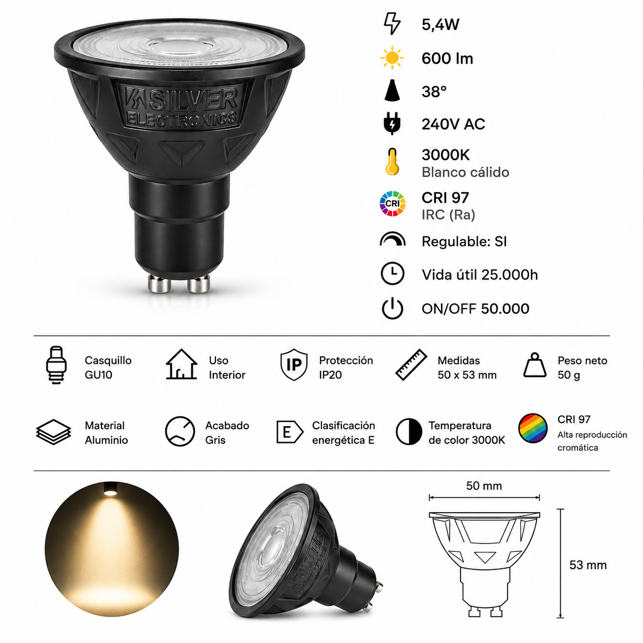 Bombilla LED GU10 negra con especificaciones técnicas e iconos.