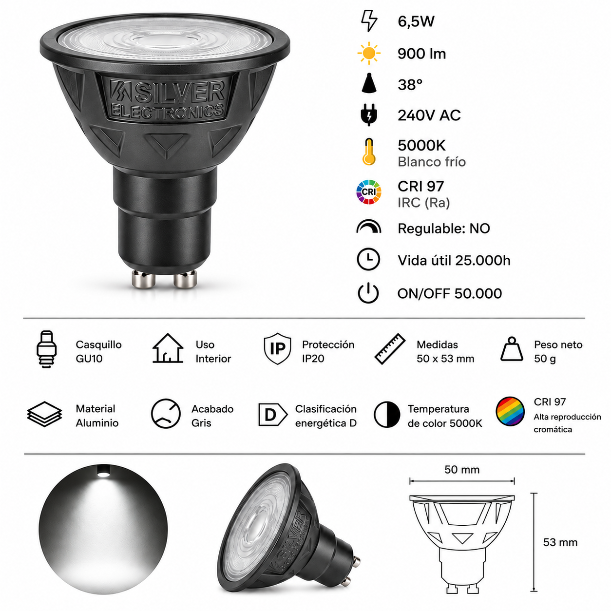 Especificaciones técnicas y dimensiones de una bombilla LED negra con casquillo GU10.
