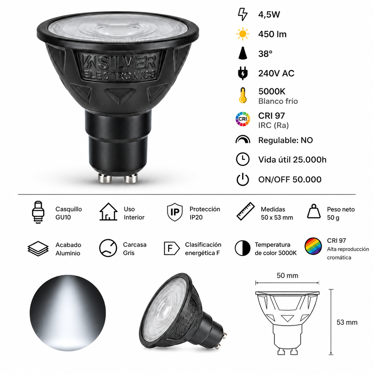 Bombilla LED GU10 negra de Silver Electronics con especificaciones técnicas, dimensiones e iconos sobre fondo blanco.
