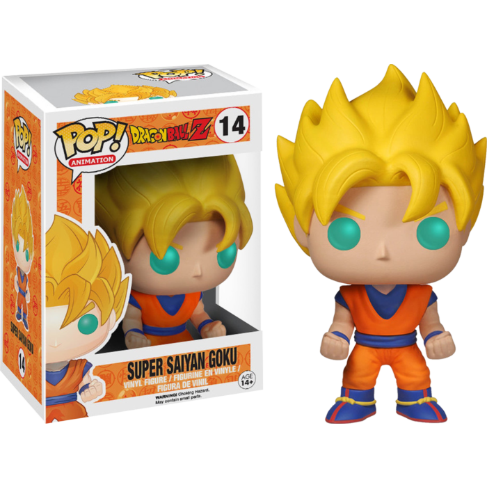 Funko Pop Super Saiyan Goku Figur neben ihrer Produktverpackung auf schwarzem Hintergrund.