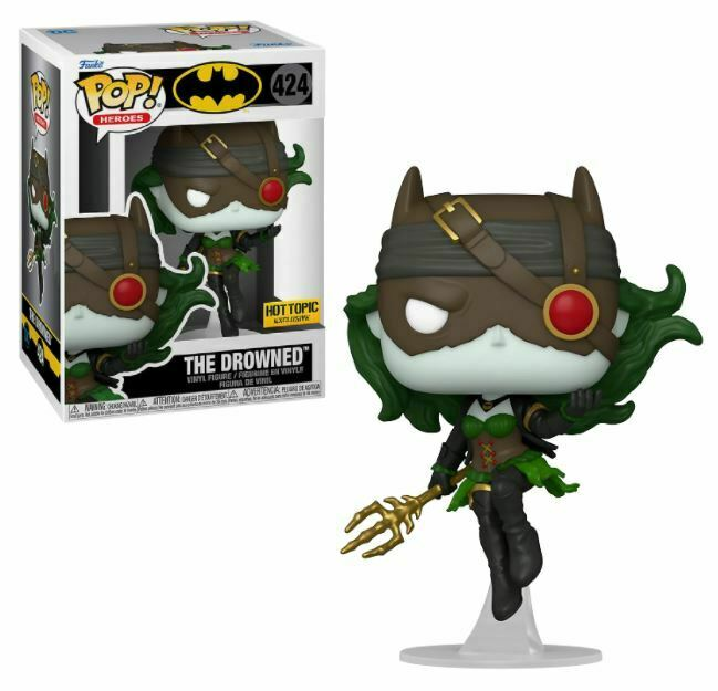Figura Funko Pop de The Drowned con cabello verde, máscara y tridente, junto a su caja.
