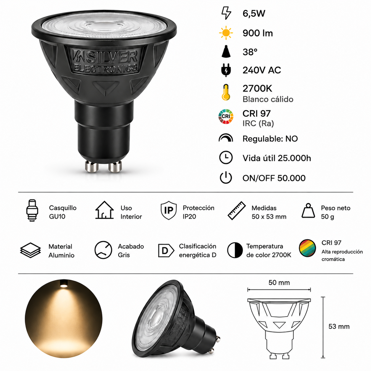 Bombilla LED GU10 negra Silver Electronics con especificaciones técnicas, iconos, dimensiones y luz cálida.