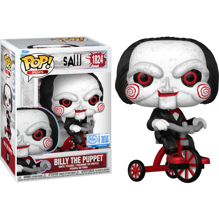 Figura de vinilo Funko Pop de Billy the Puppet con su caja sobre fondo negro.