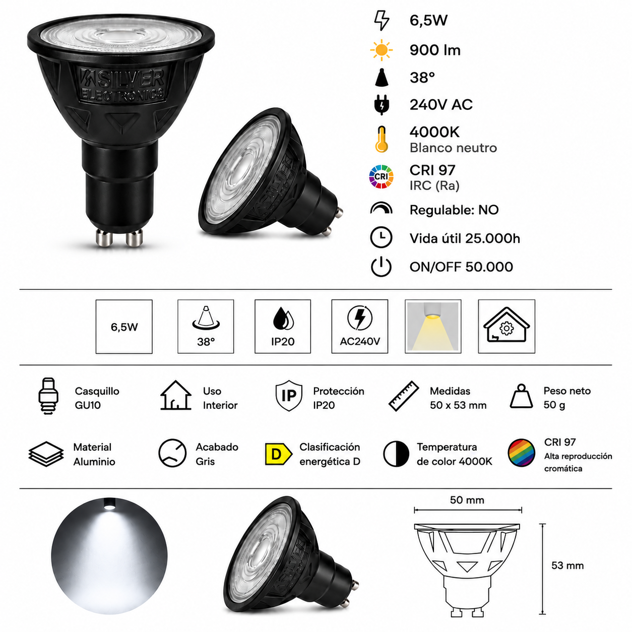 Especificaciones técnicas y dimensiones de una bombilla LED negra.