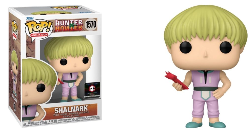 Figura Funko Pop de Shalnark con traje rosa, pelo rubio y antena roja en la mano, junto a su caja.
