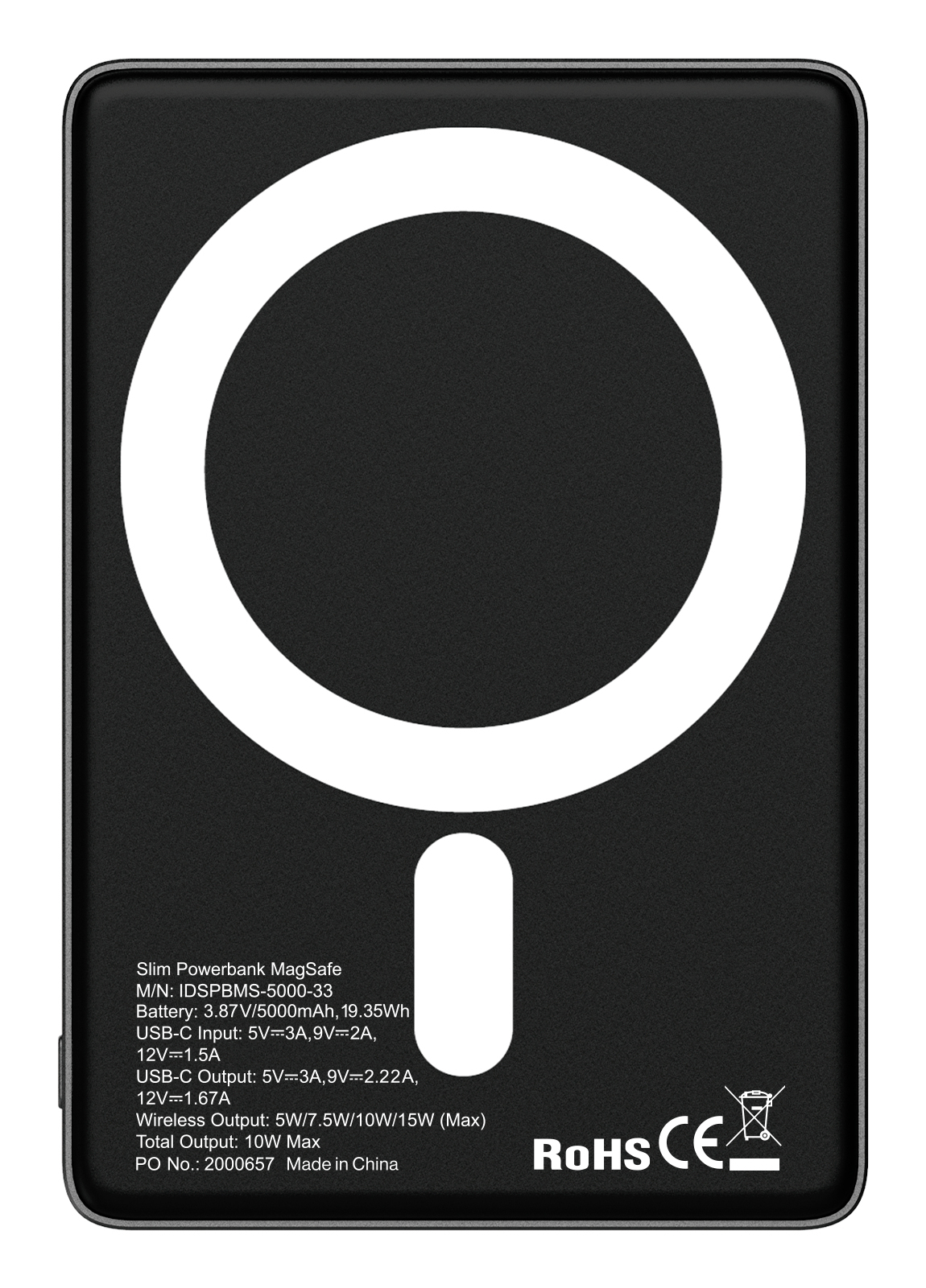 Batterie externe MagSafe noire avec logo cercle blanc et caractéristiques.