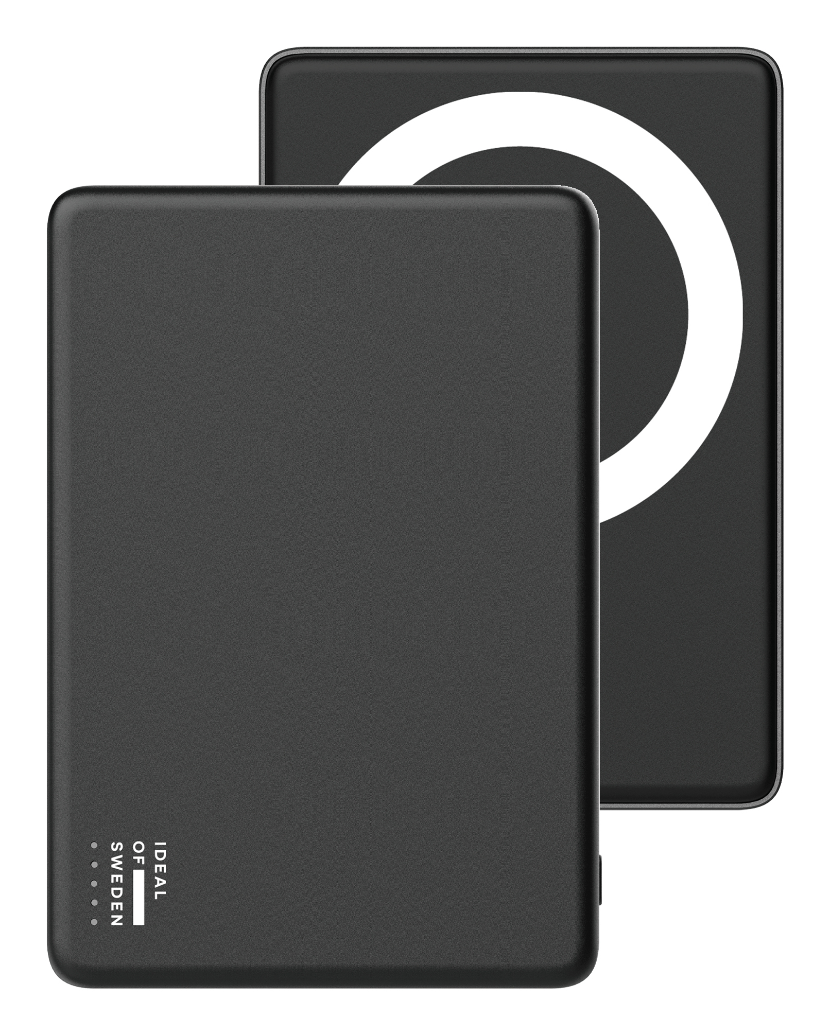 Deux batteries externes noires, l'une avec un anneau blanc à l'arrière et l'autre avec le texte Ideal of Sweden.