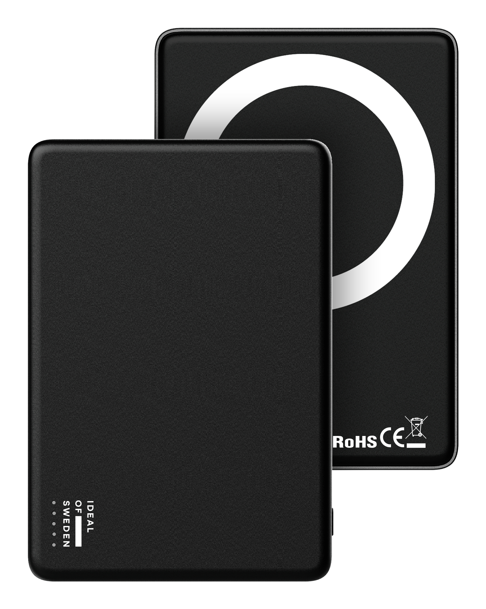 Deux batteries externes noires, l'une montrant l'avant avec logo, l'autre l'arrière avec un anneau blanc.
