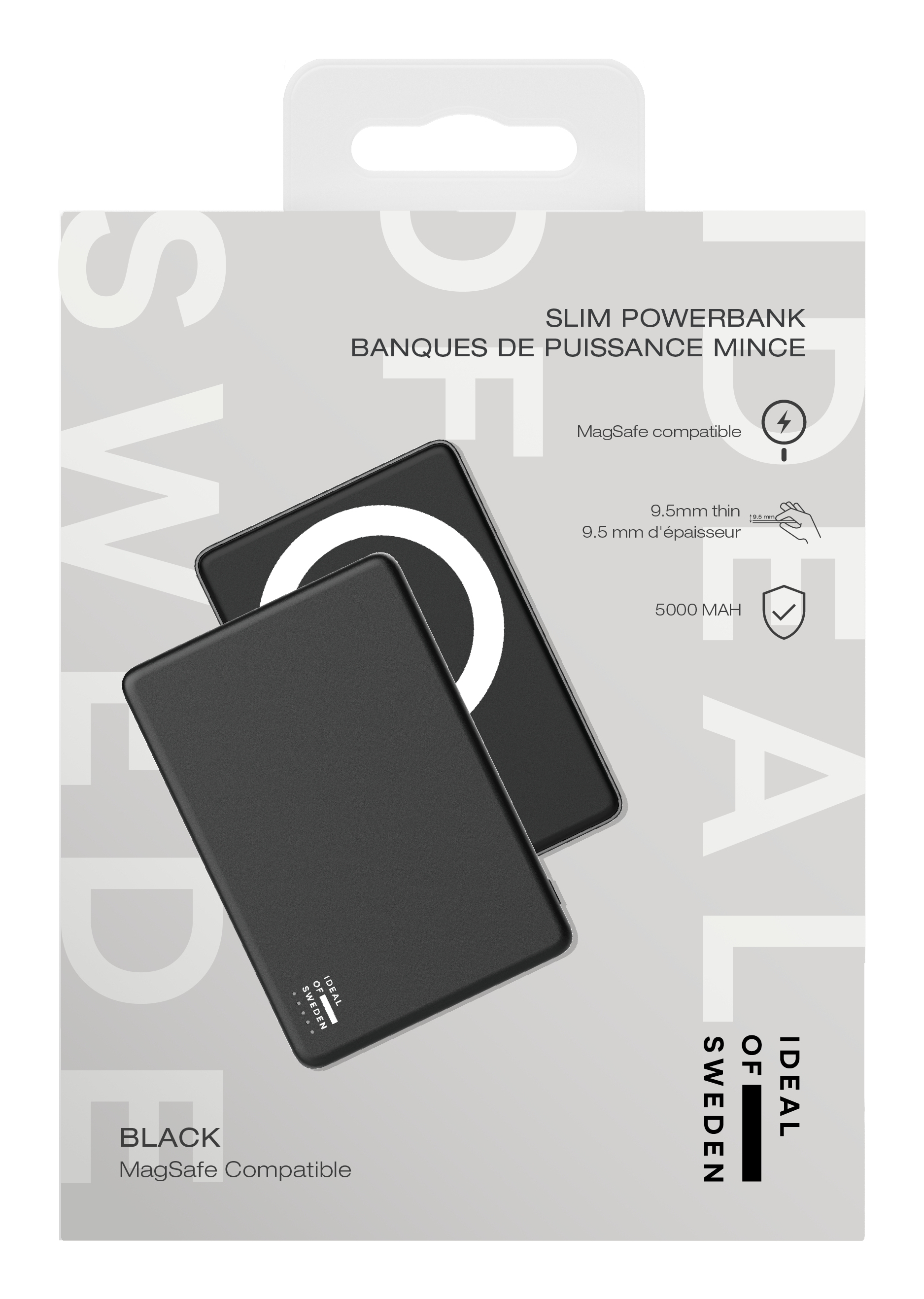 Emballage d'une batterie externe noire compatible MagSafe d'Ideal of Sweden de 5000 mAh.