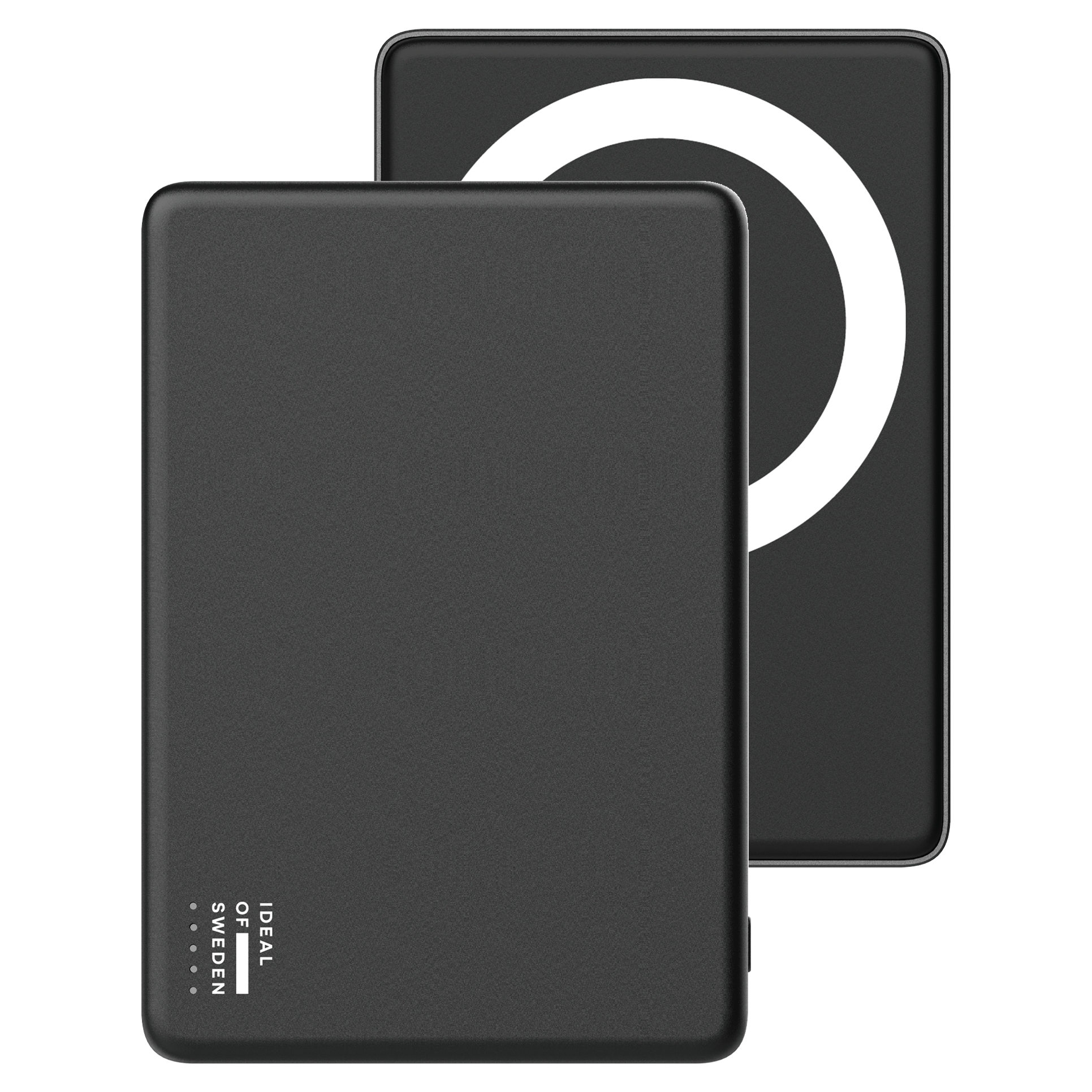 Deux batteries externes MagSafe noires, l'une montrant l'avant avec des voyants LED, l'autre montrant l'arrière avec un anneau blanc.