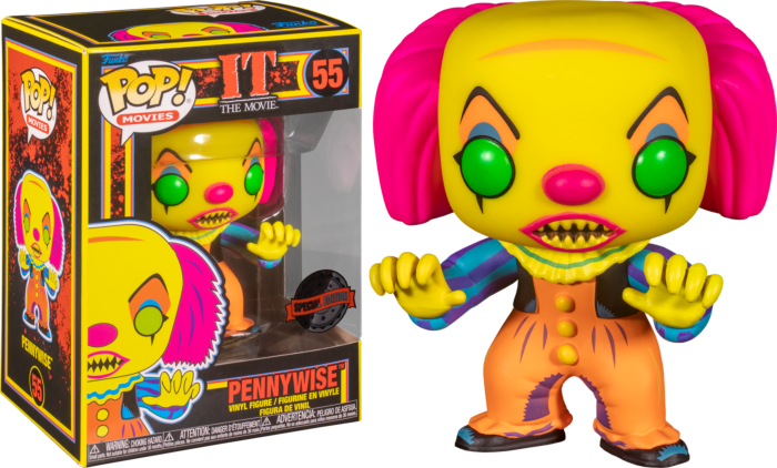 Una figure Funko Pop di Pennywise a luce nera accanto alla scatola colorata su sfondo nero.